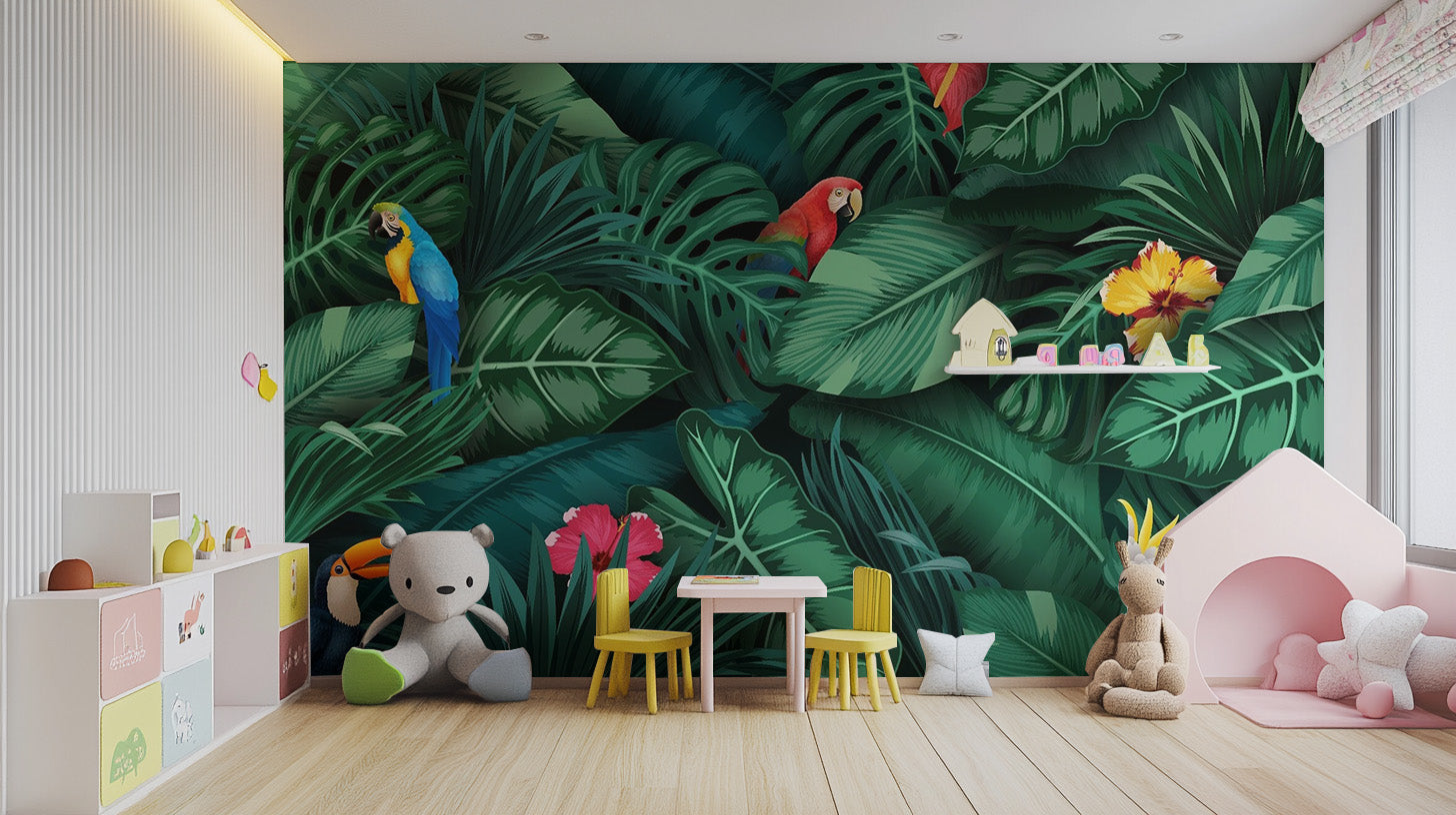 Artistic green leaves and birds wallpaper for lively interiors.