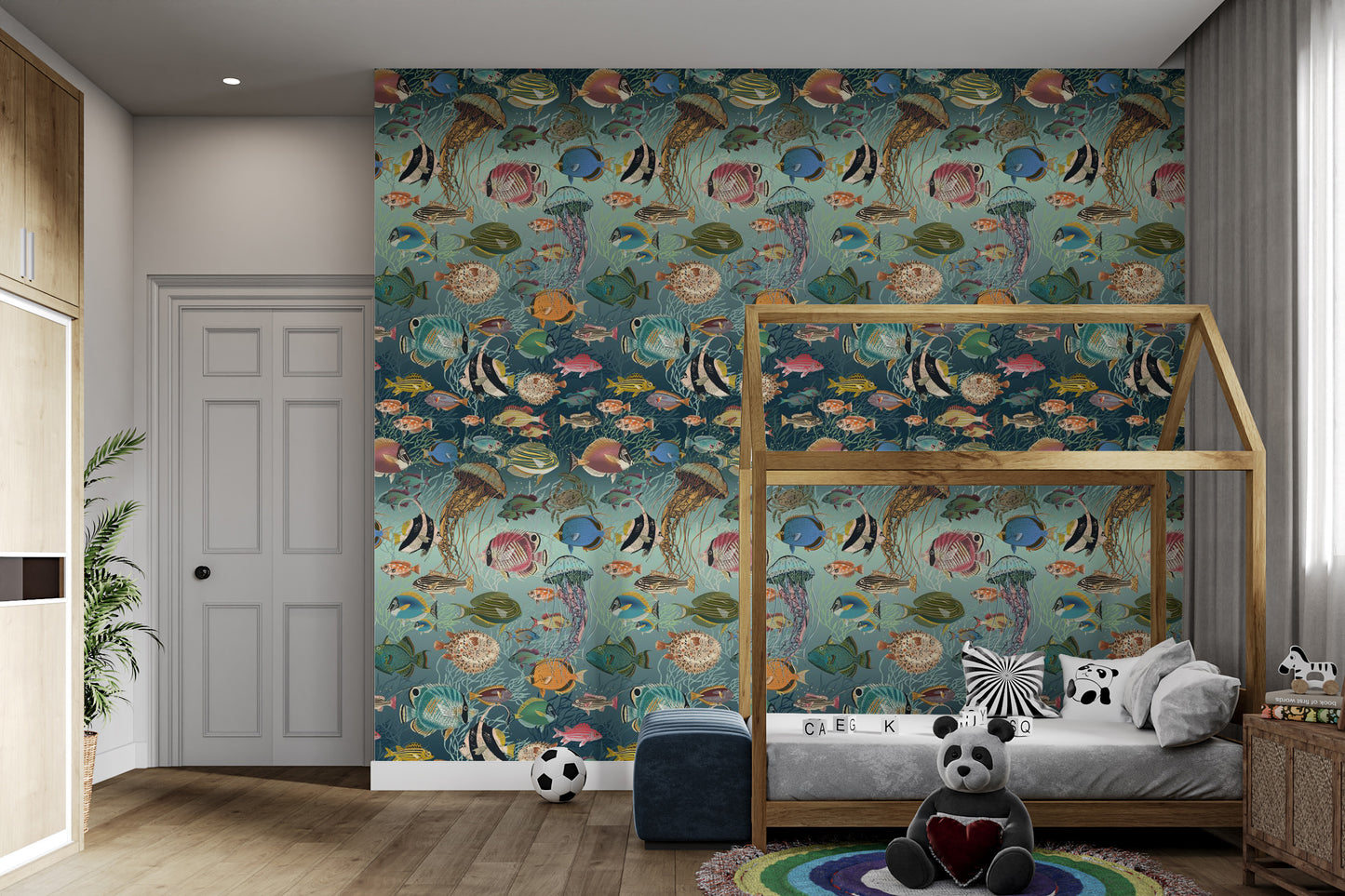 Dynamic Marine Mosaic Wallpaper for Interiors
