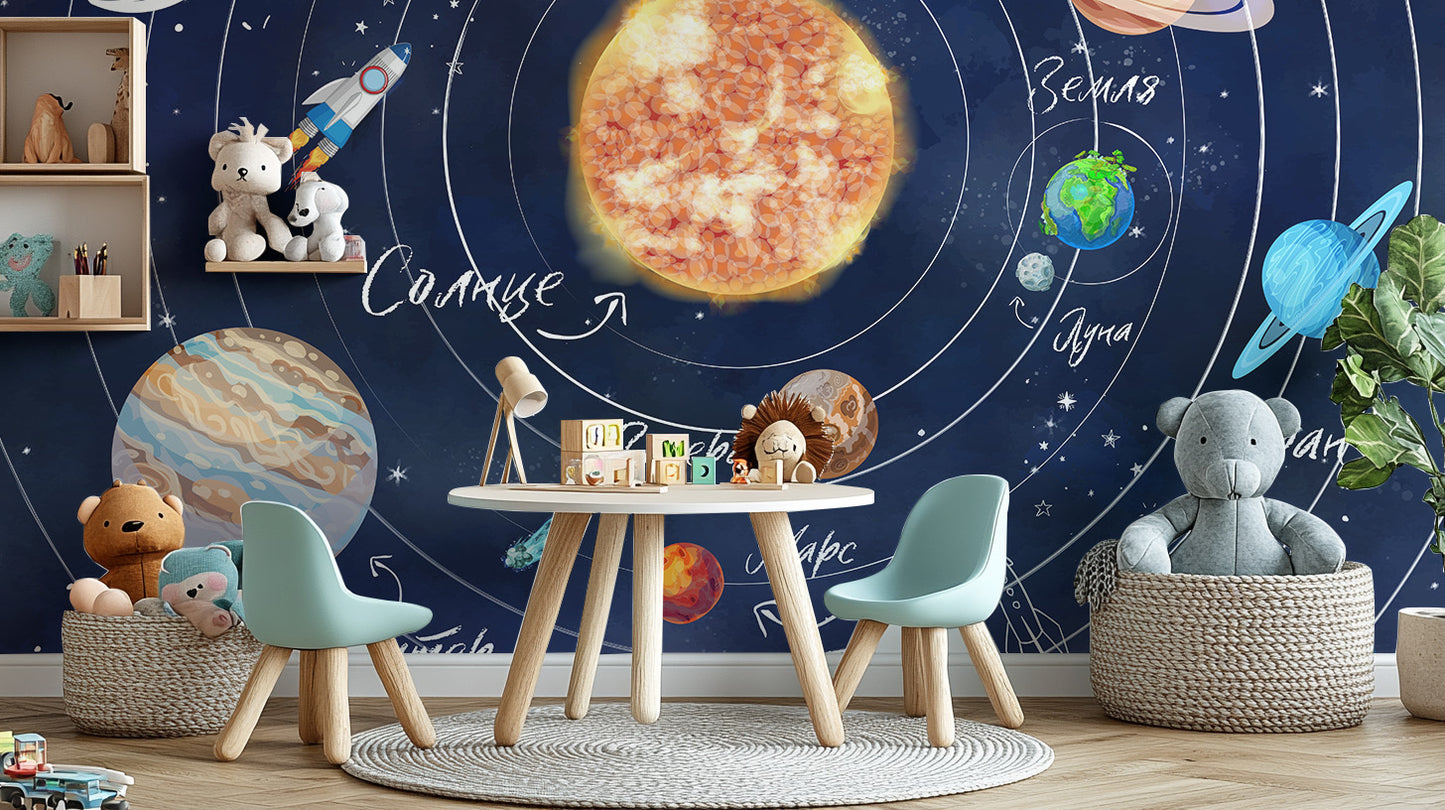 Outer space kids’ wallpaper for dining room