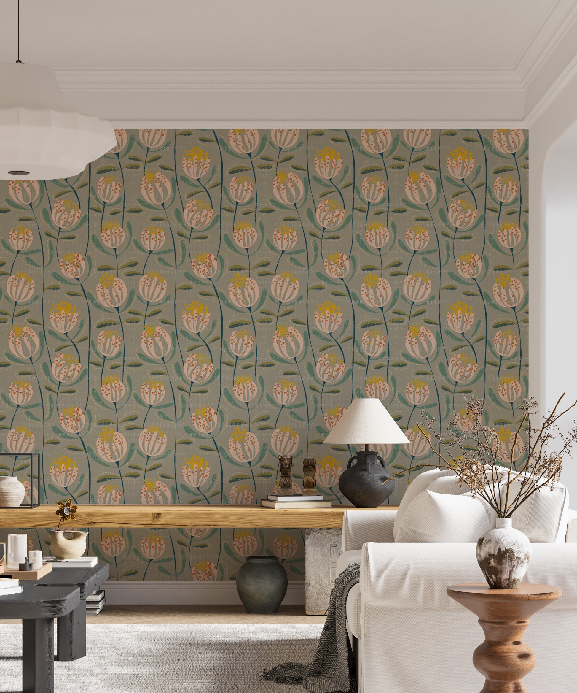 Elegant Skandi wallpaper with earthy florals