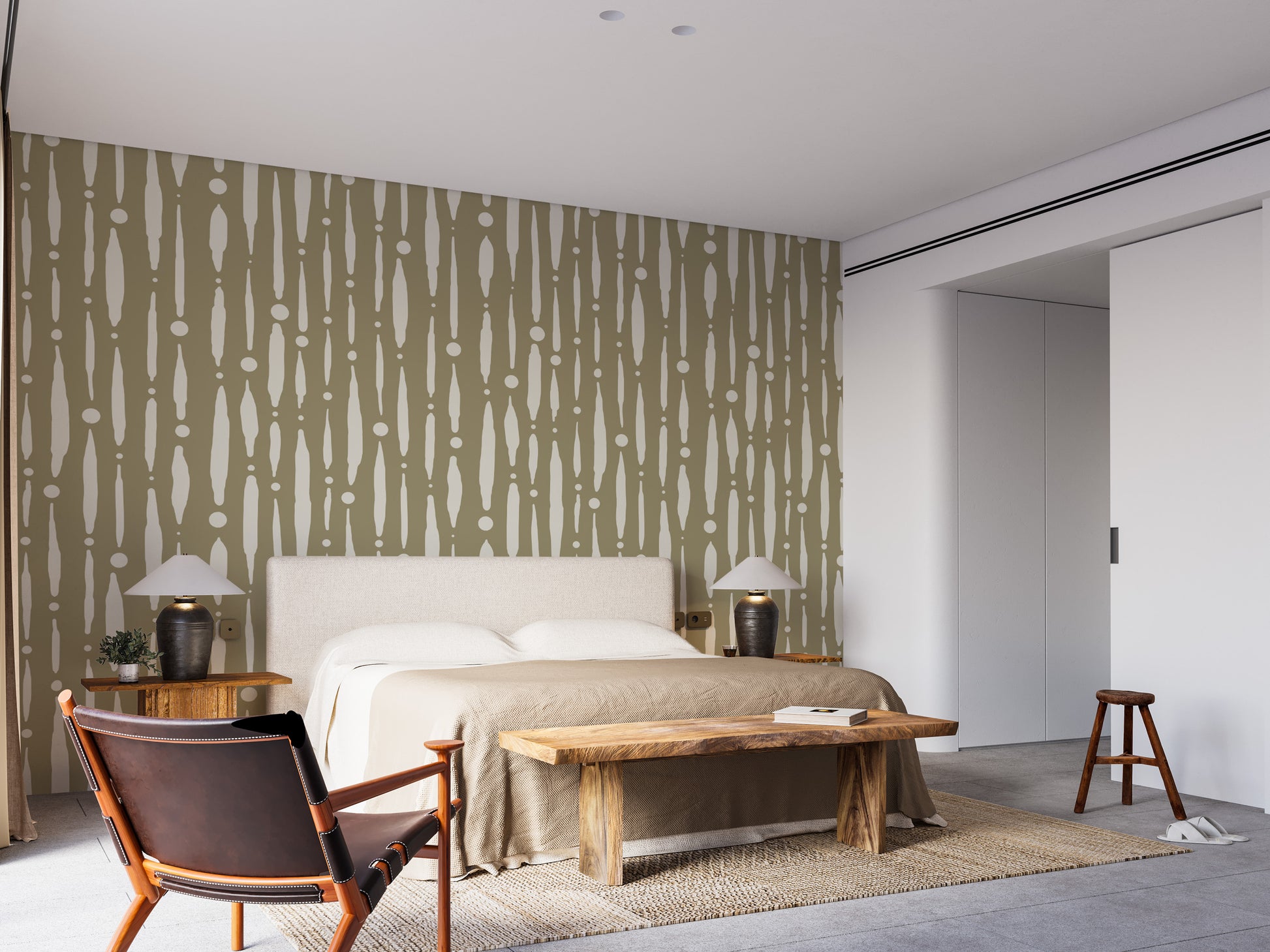 Stylish dripping lines mural in a calming sage green hue
