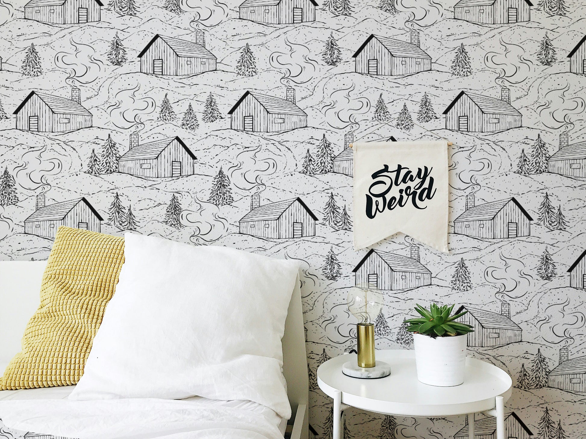 Sophisticated smokey cabin wallpaper in monochrome for modern decor.
