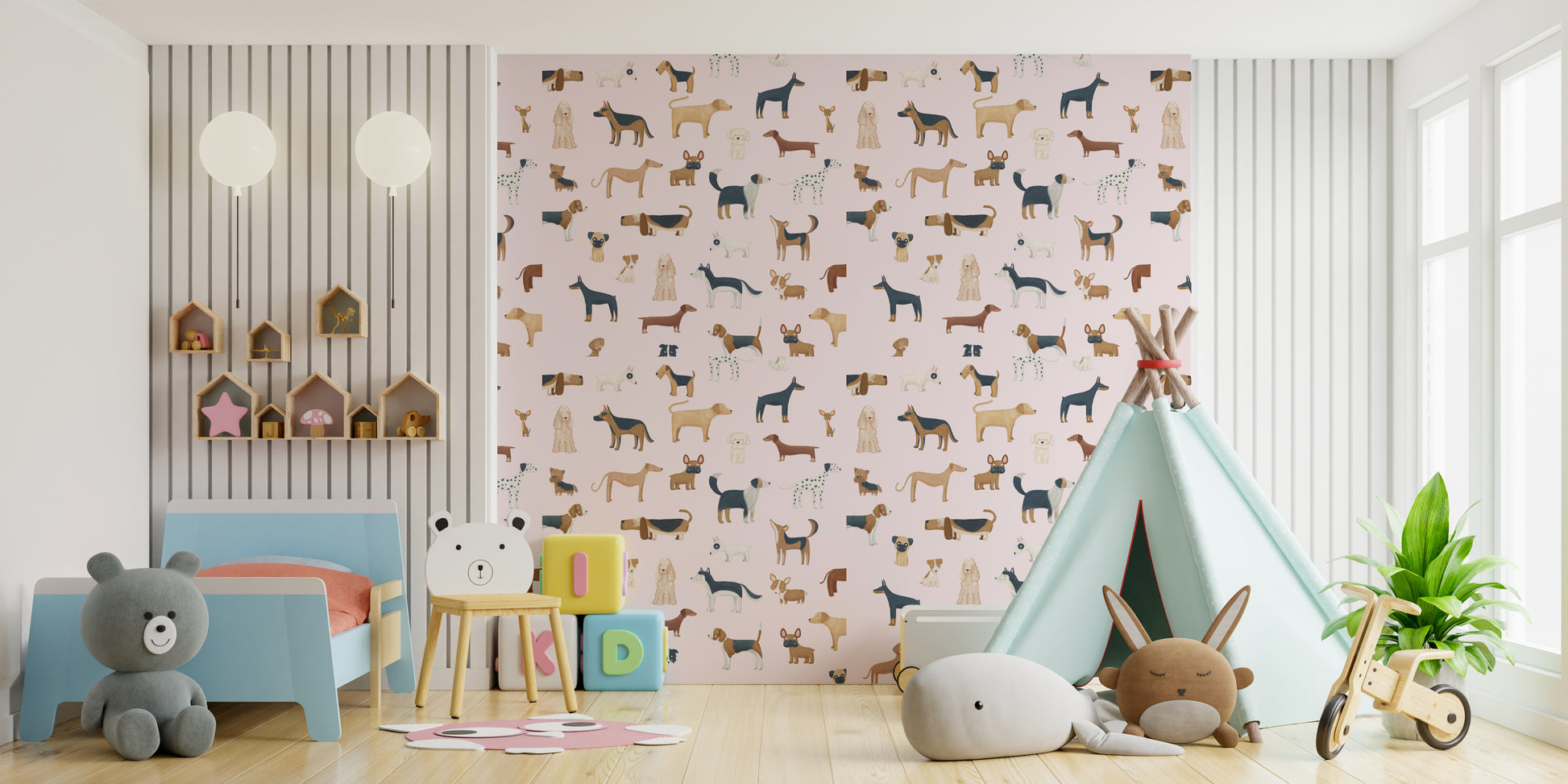 Fun pink wallpaper with cartoon puppies
