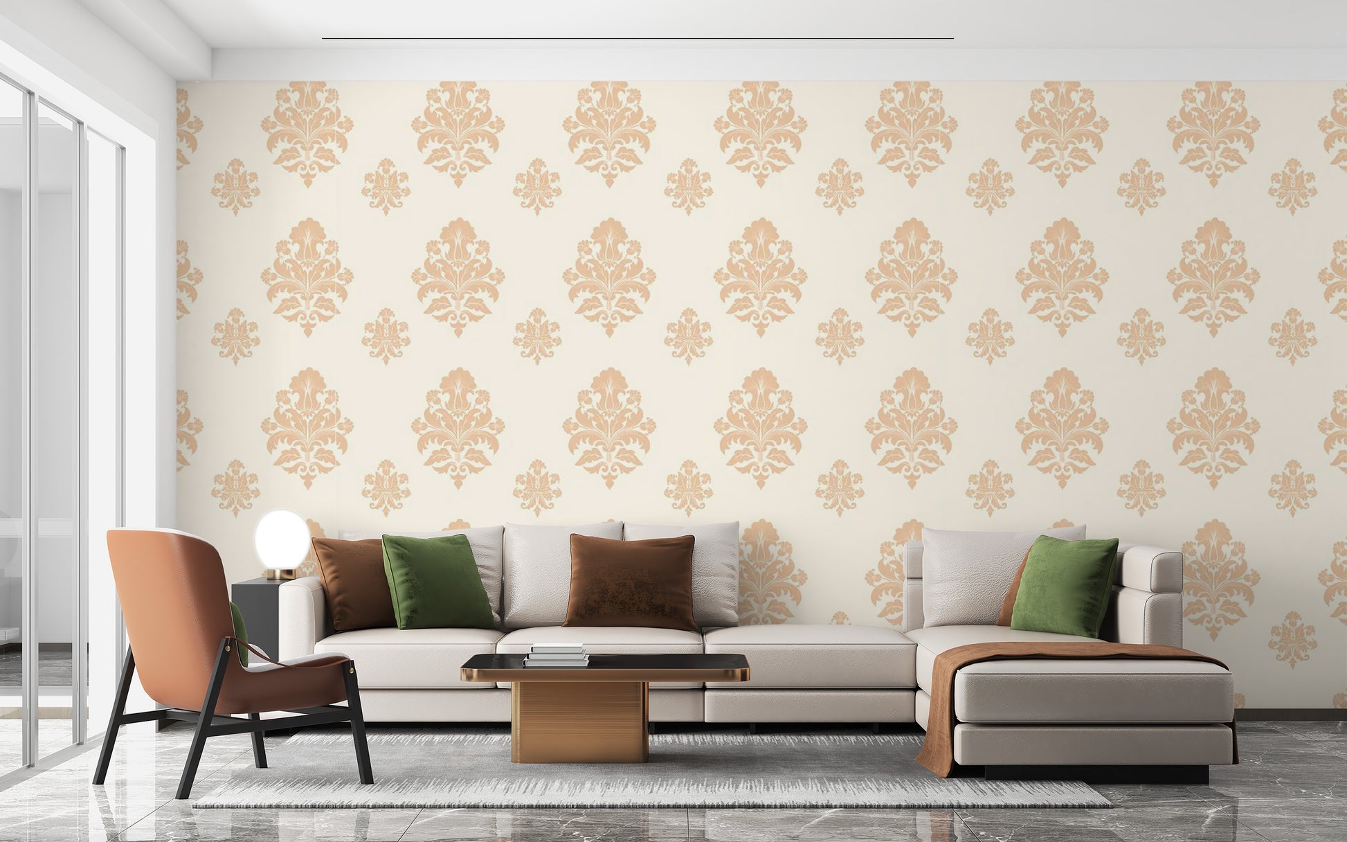 Damask pattern wallpaper in soft beige tones
