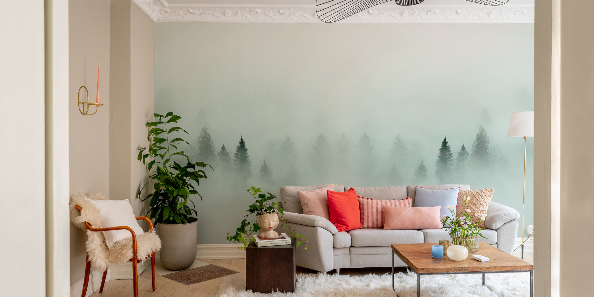 Foggy forest mural for a serene and peaceful wall design.
