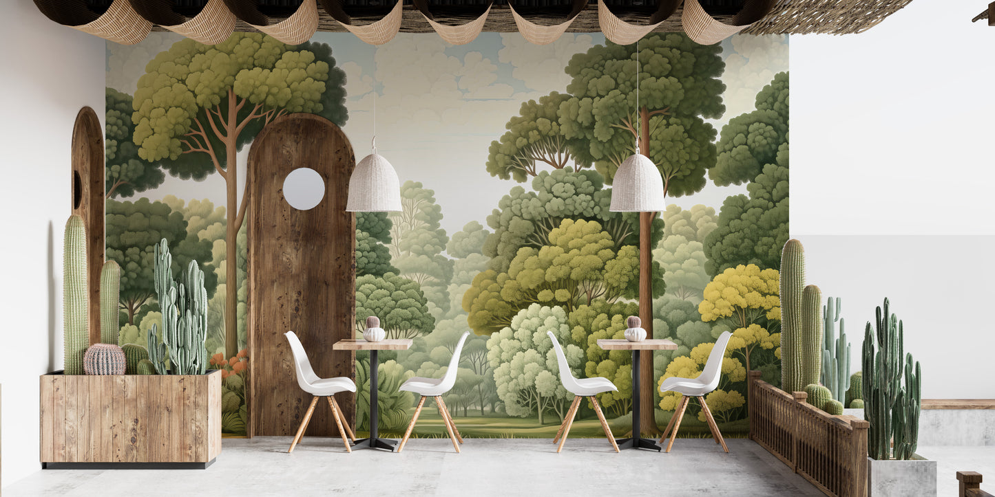 Add a touch of the outdoors with green natural woodcut forest wallpaper.
