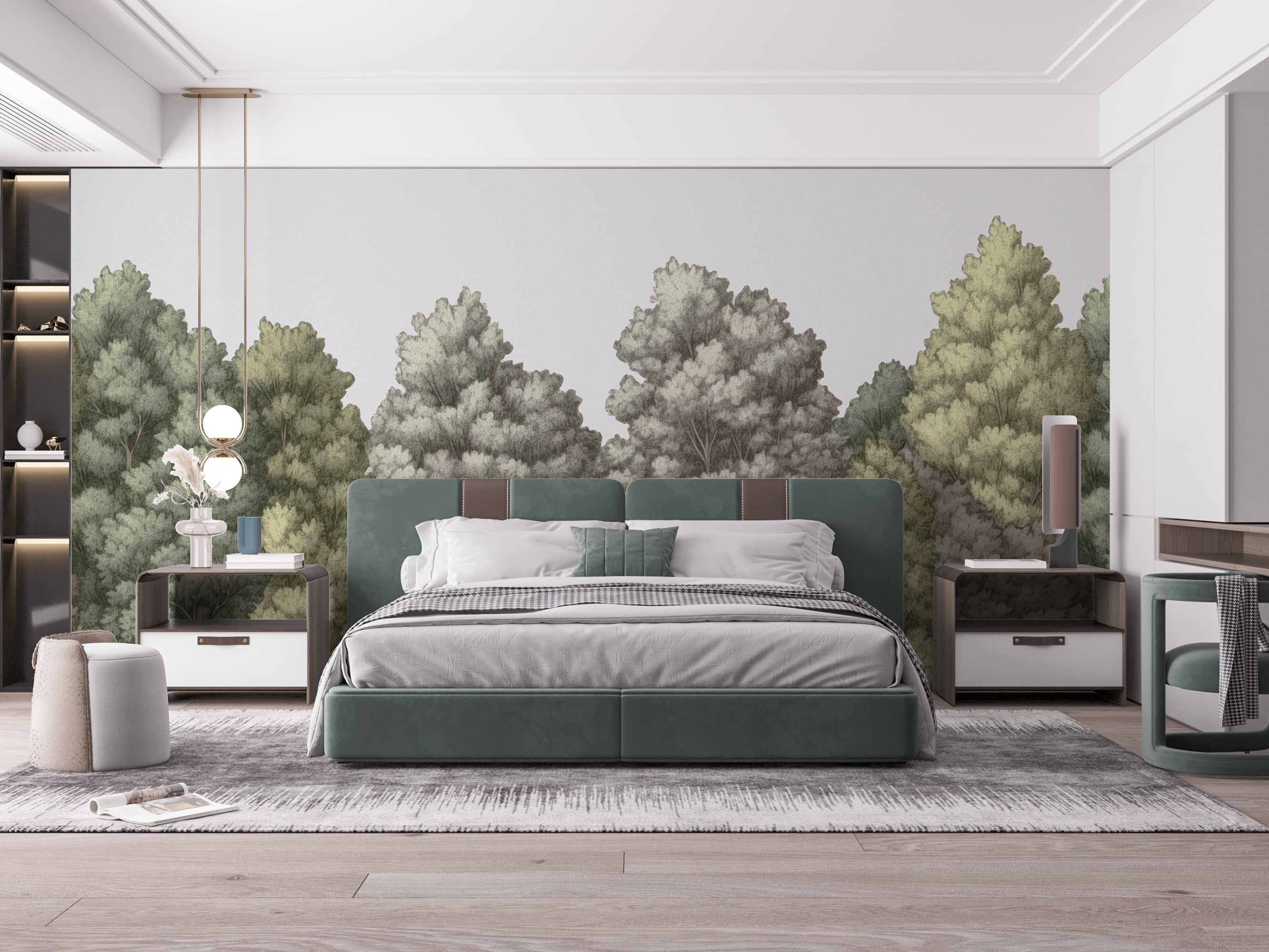 Create a serene bedroom with Painted Forest Wallpaper Mural