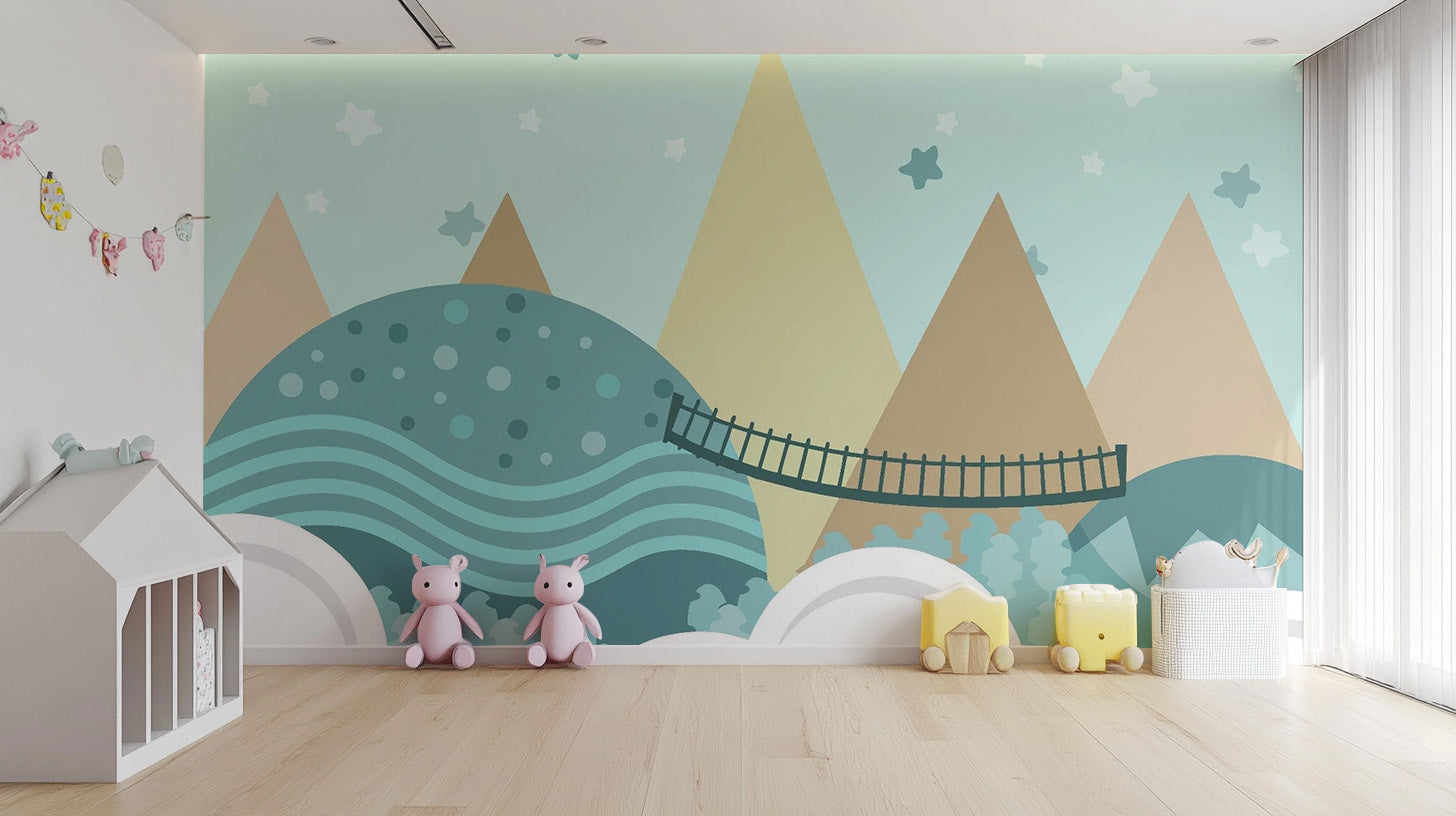 Soft pastel animated motifs in Kids Wallpaper design
