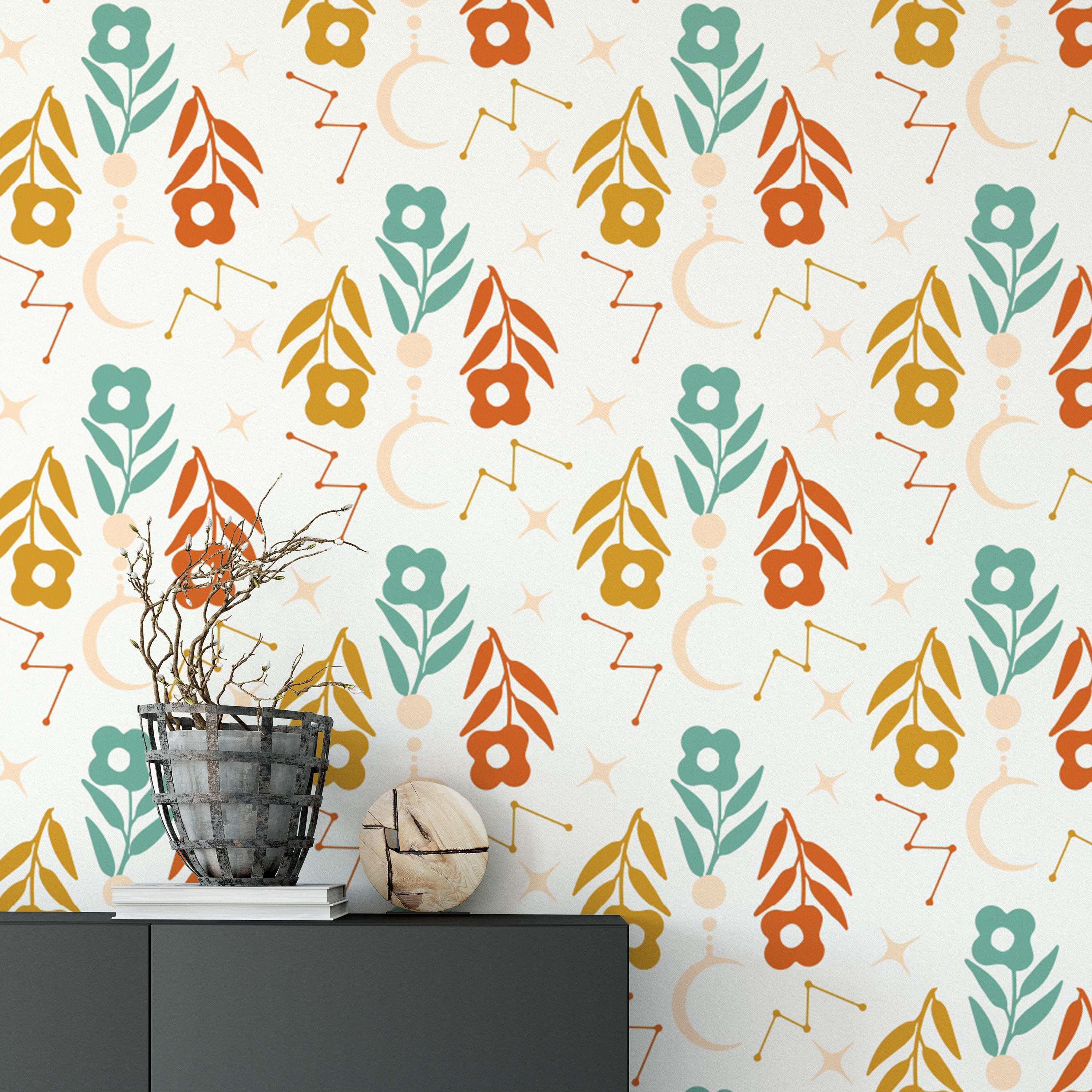 Boho-inspired wallpaper with floral patterns
