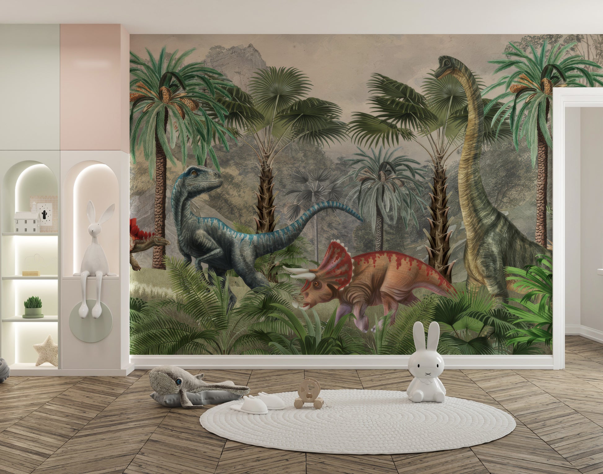 Colorful mesozoic mingle mural design for interiors