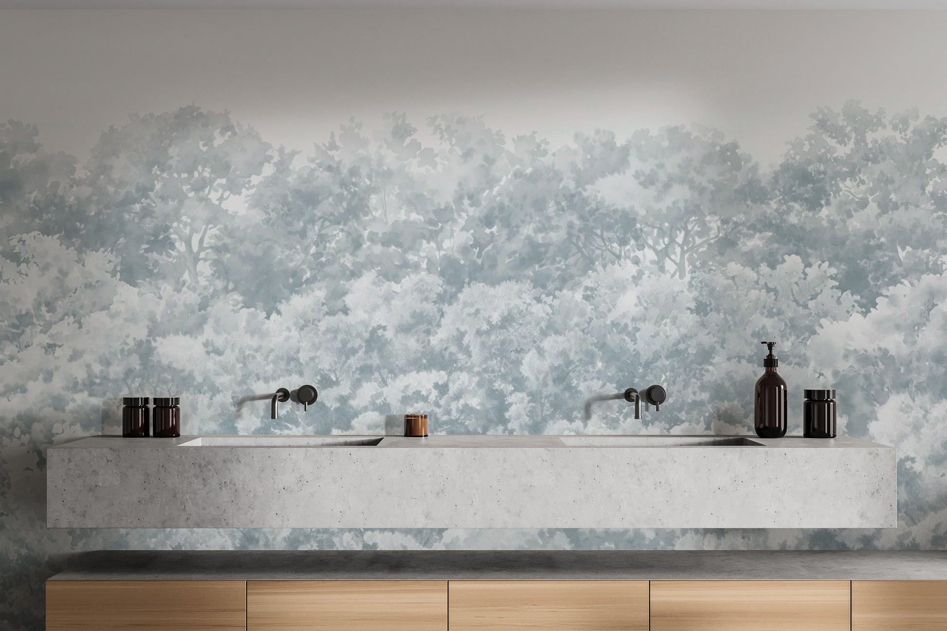 Minimalist blue buttonwood tree mural for modern spaces