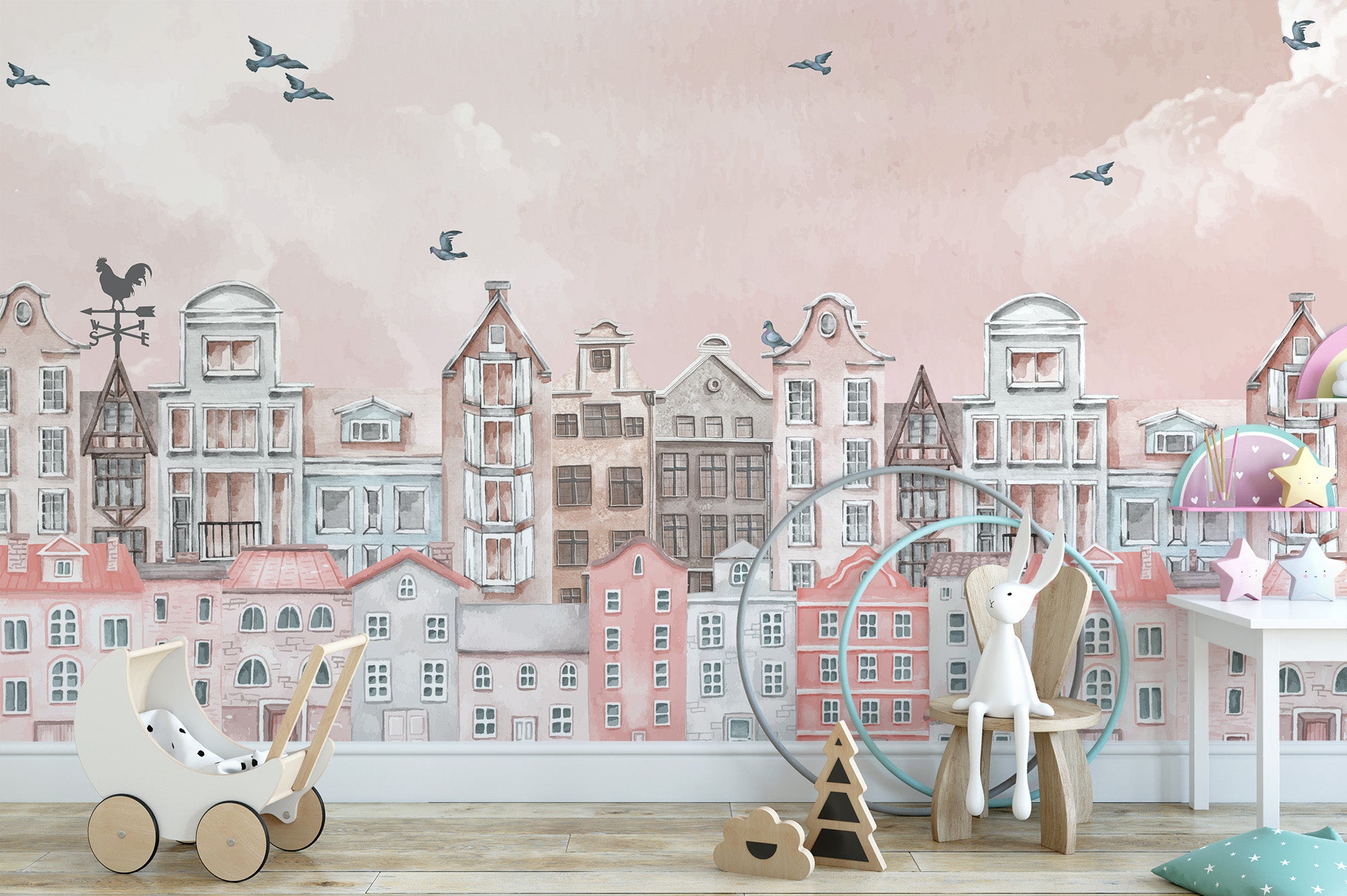 Townscape blush wallpaper for kids’ rooms
