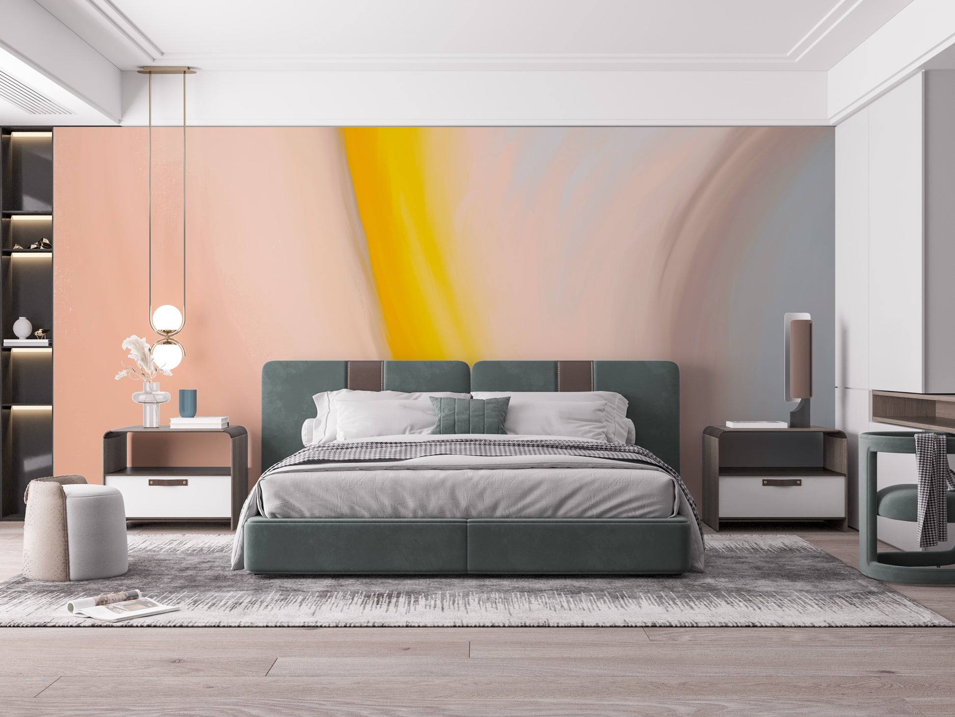 Vibrant abstract mural in pastel hues
