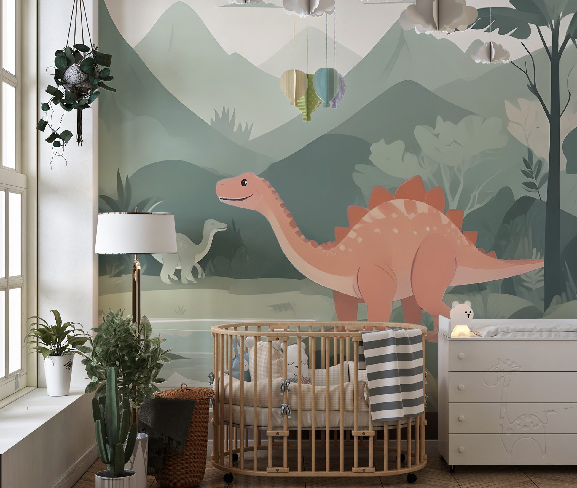 Make the nursery roar with dinosaur mural wallpaper