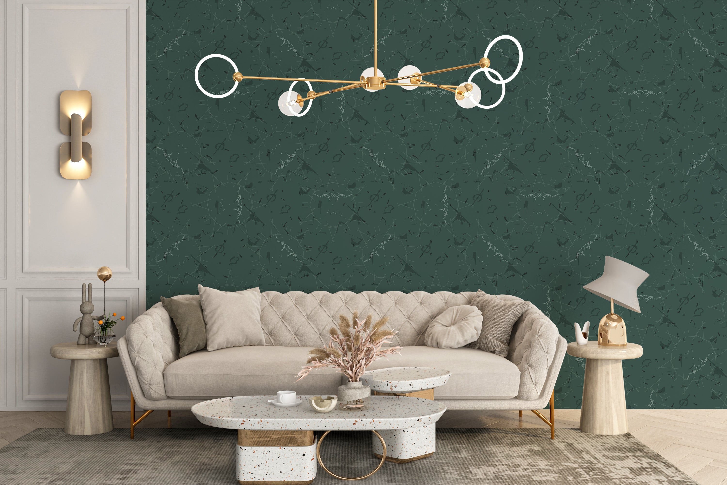 Sophisticated dark green abstract mural design.