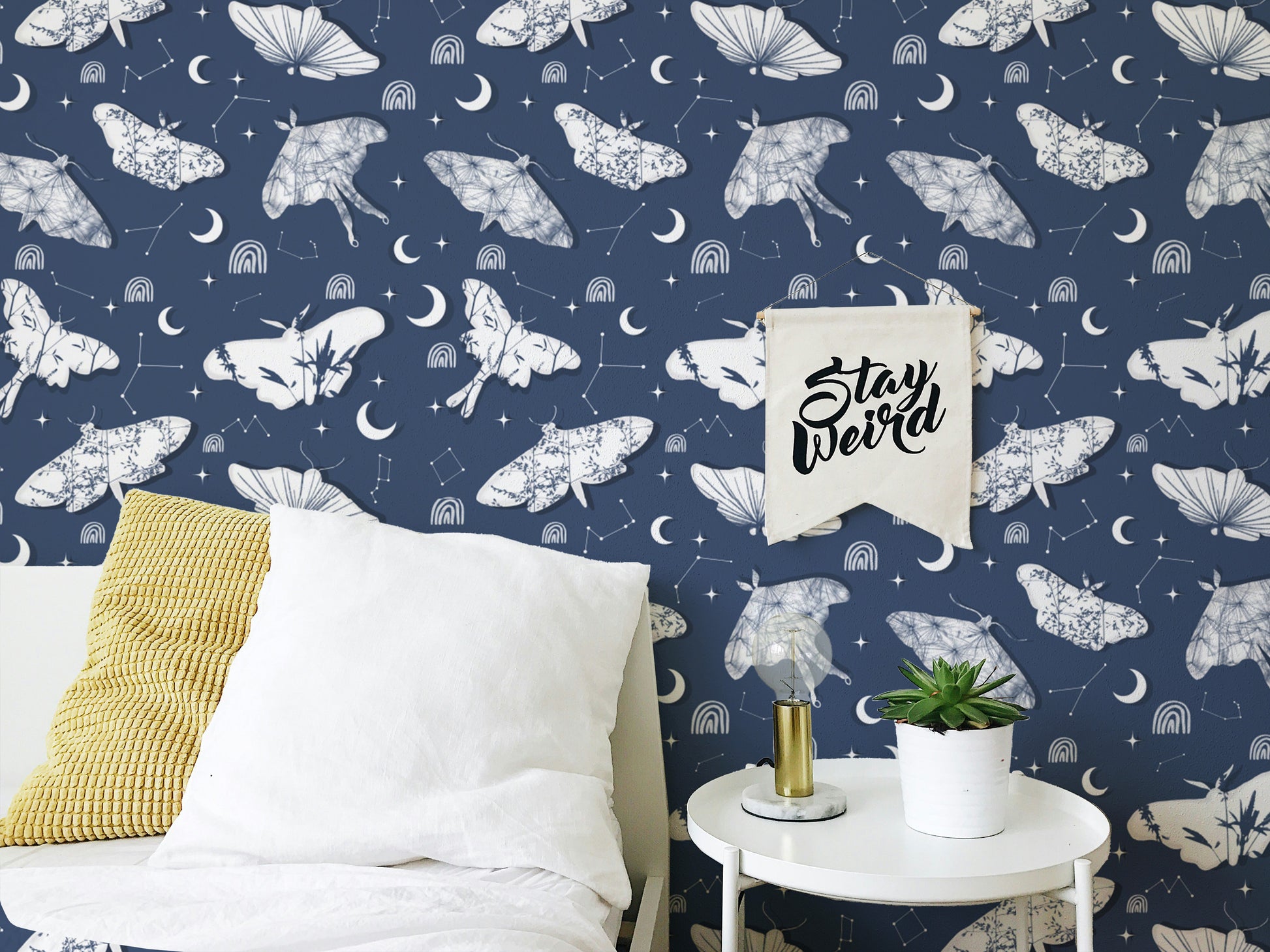 Celestial-inspired butterfly and starry mural
