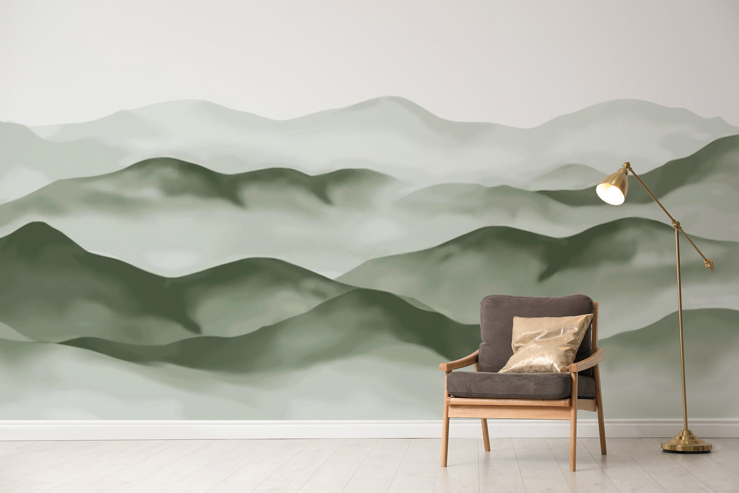 Minimalist green mountain wall mural in watercolor style