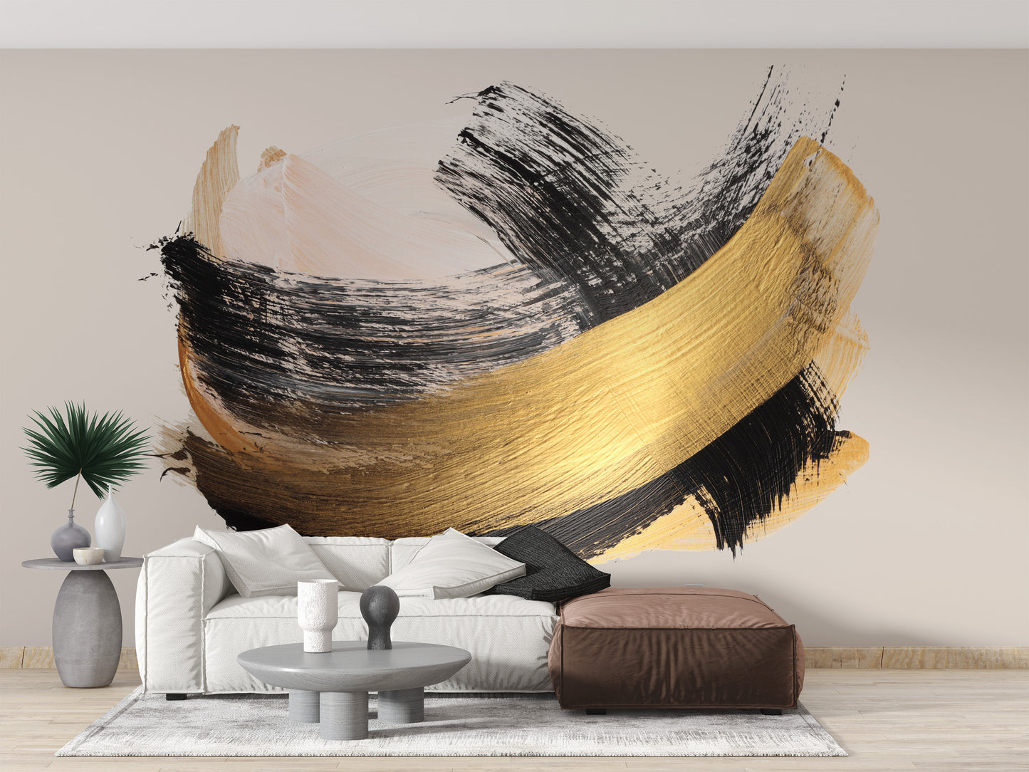 Artistic brushstroke elegance wallpaper mural in gold and noir.