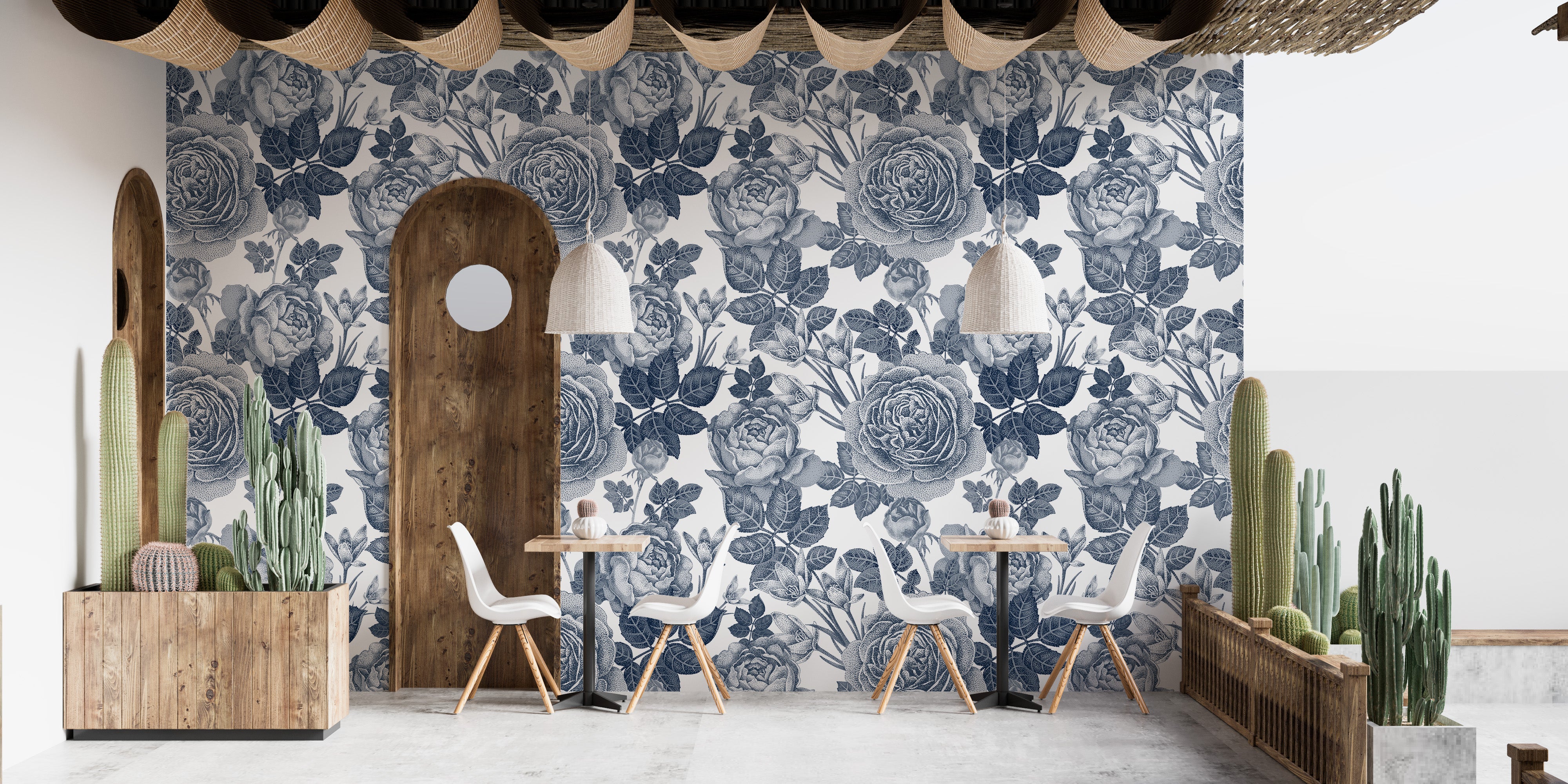 Vintage-inspired blue floral wall mural
