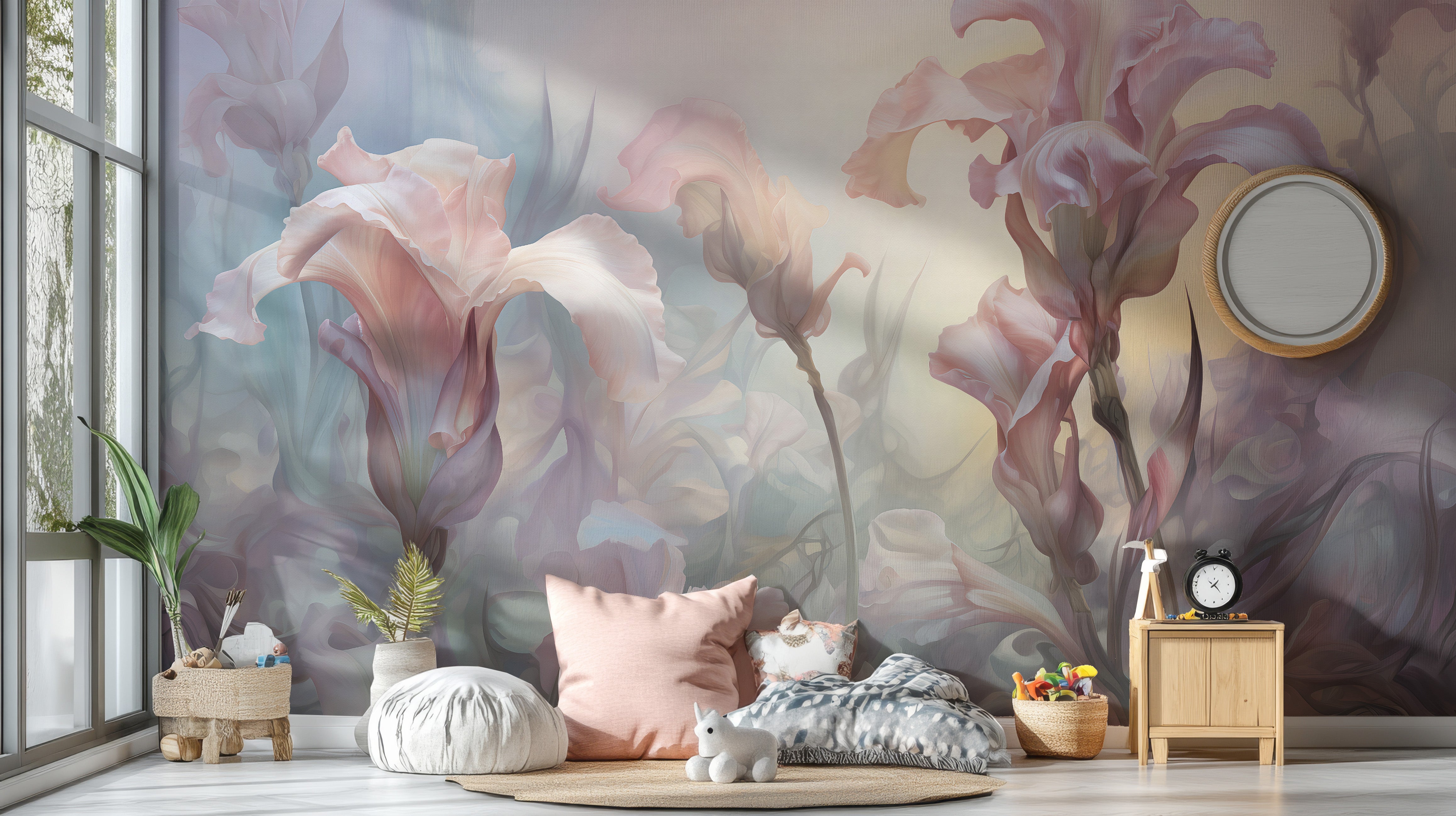 Iris Pale Pastel Floral Wallpaper Mural - Giffywalls