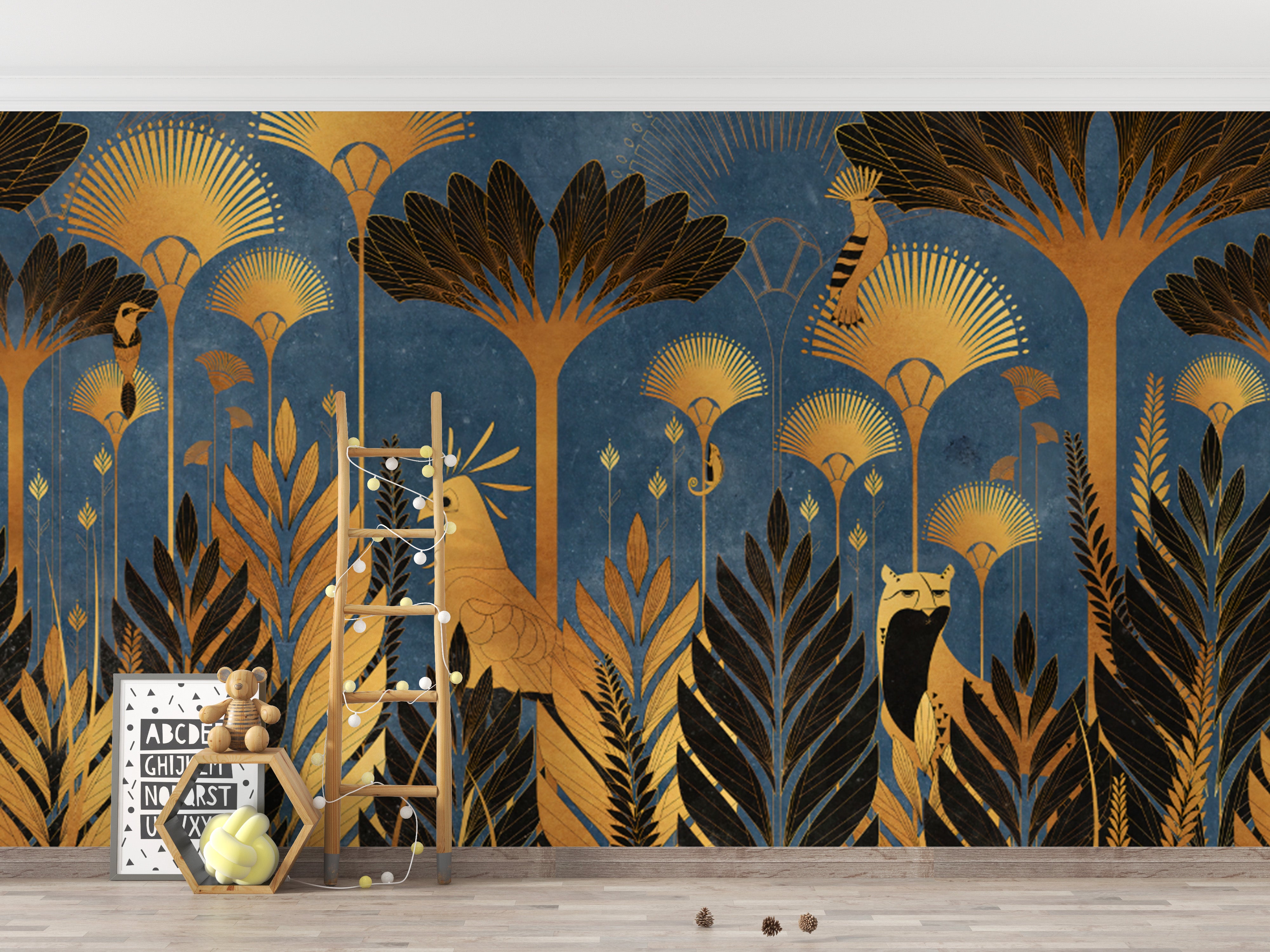 Golden animals on blue luxurious Art Deco jungle wallpaper
