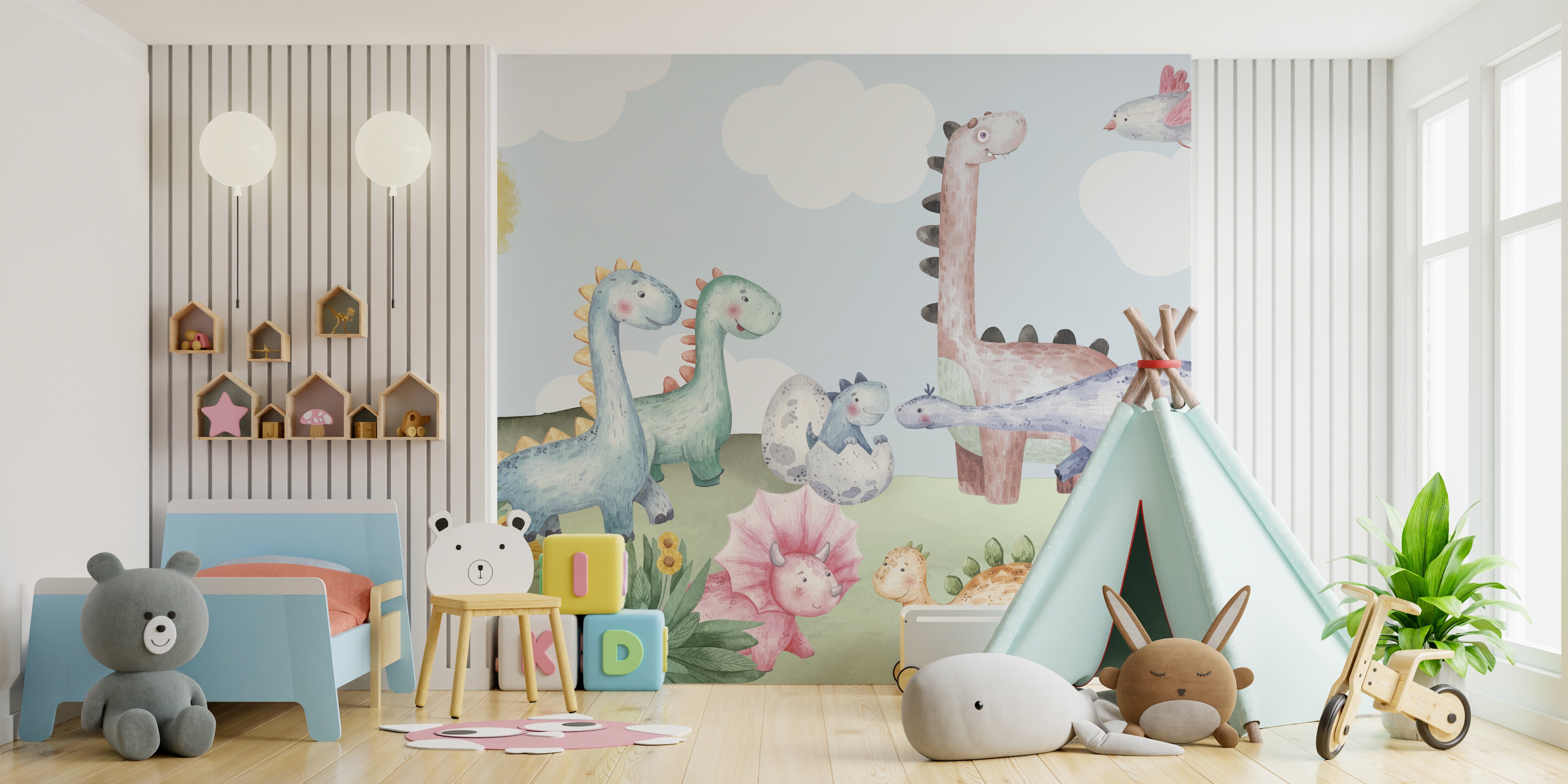 Vibrant Dino Delight mural for a dino-themed nursery