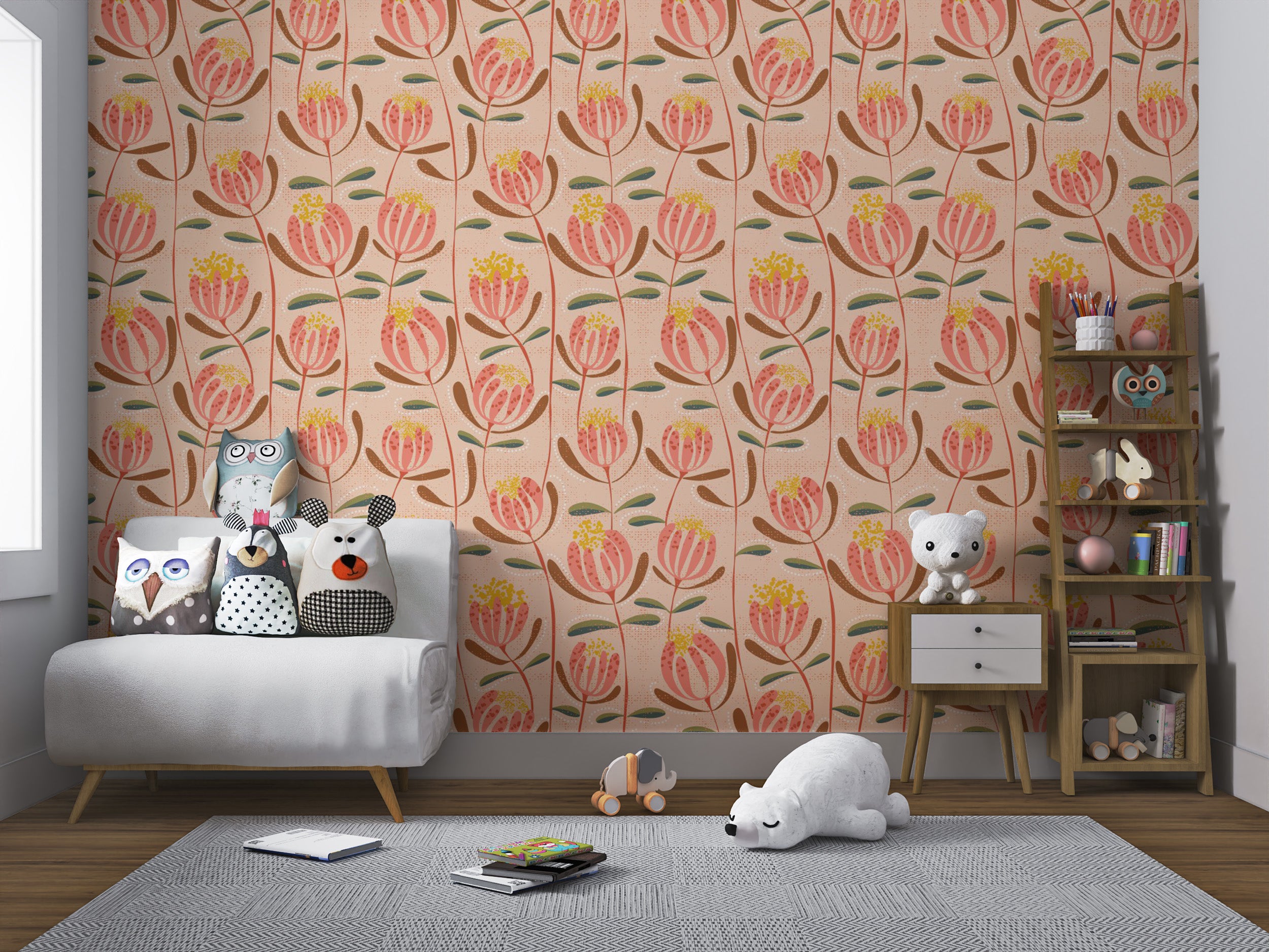 Peachy floral wallpaper for Scandinavian decor