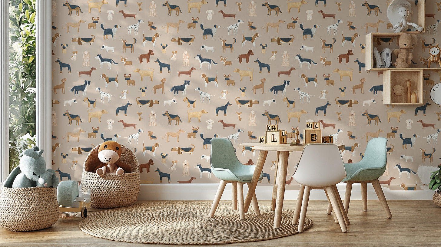 Adorable brown wallpaper with dog illustrations
