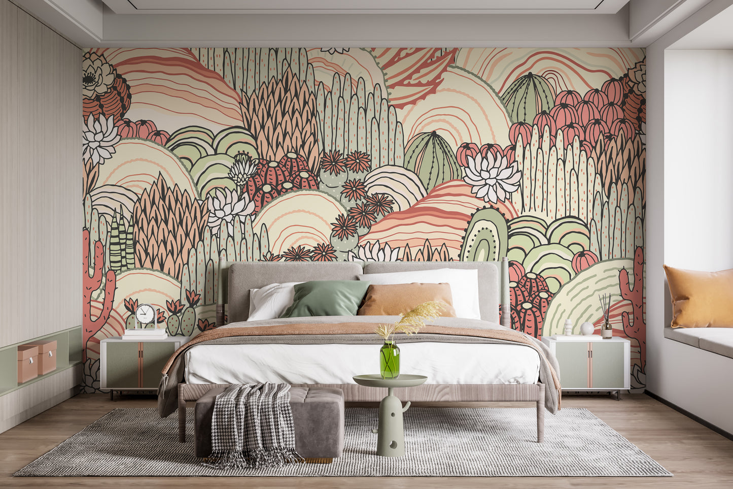 Botanical cactus mural with subtle hues