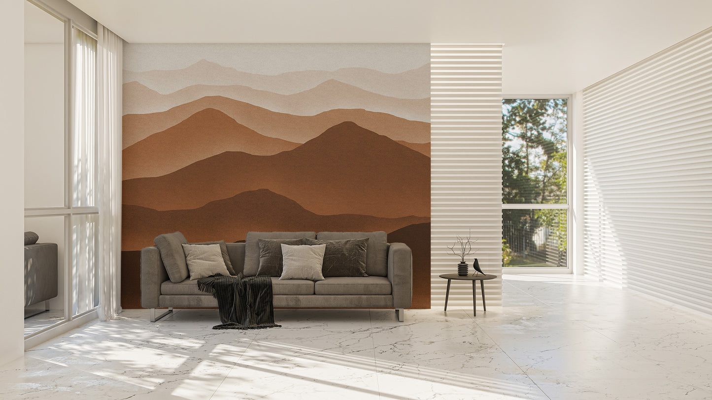 Watercolor mountain wall murals in brown hues
