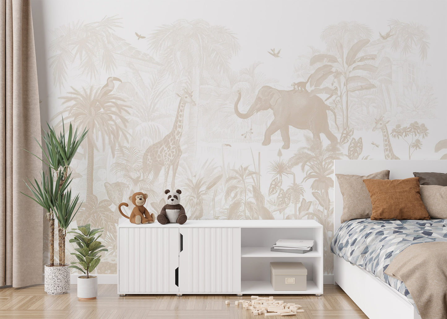 Safari animal wallpaper for nursery in beige
