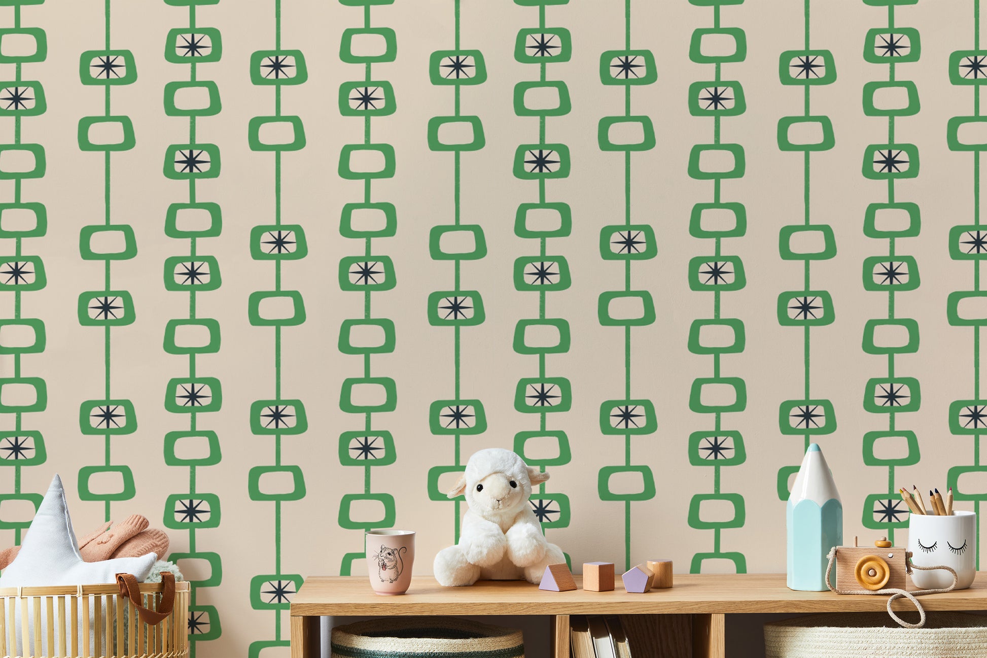 Green Linen Mid Century Atomic Orbs Wallpaper mural
