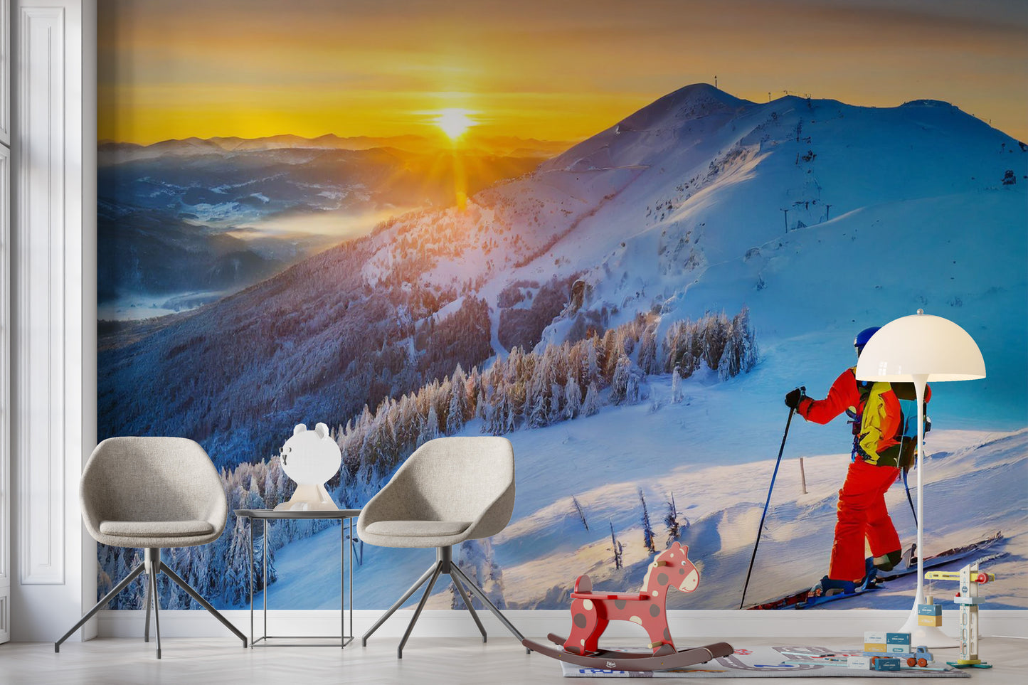 Alpine Dawn Skiing Adventure Mural