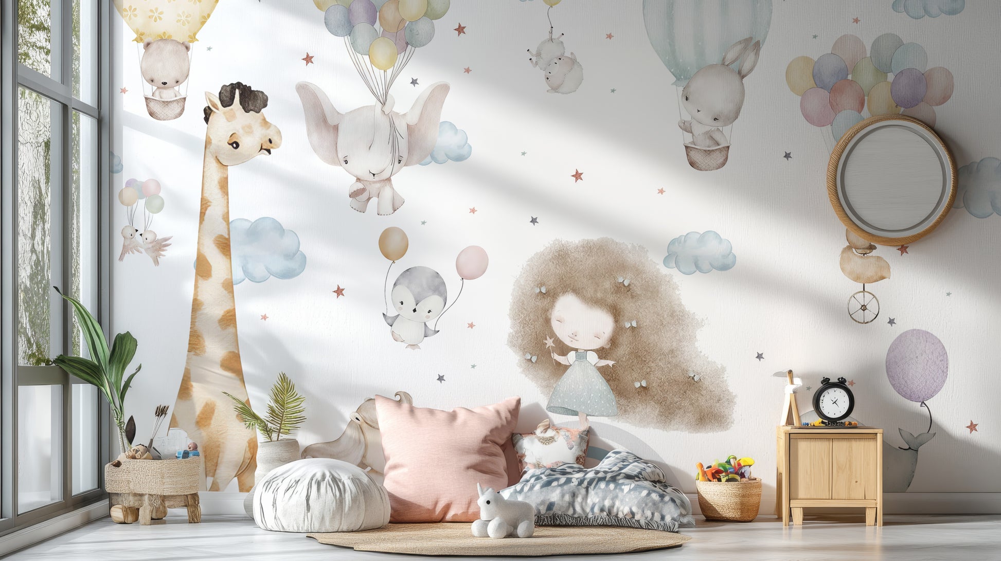 Cheerful playmates wallpaper mural floating on Cloud Nine.
