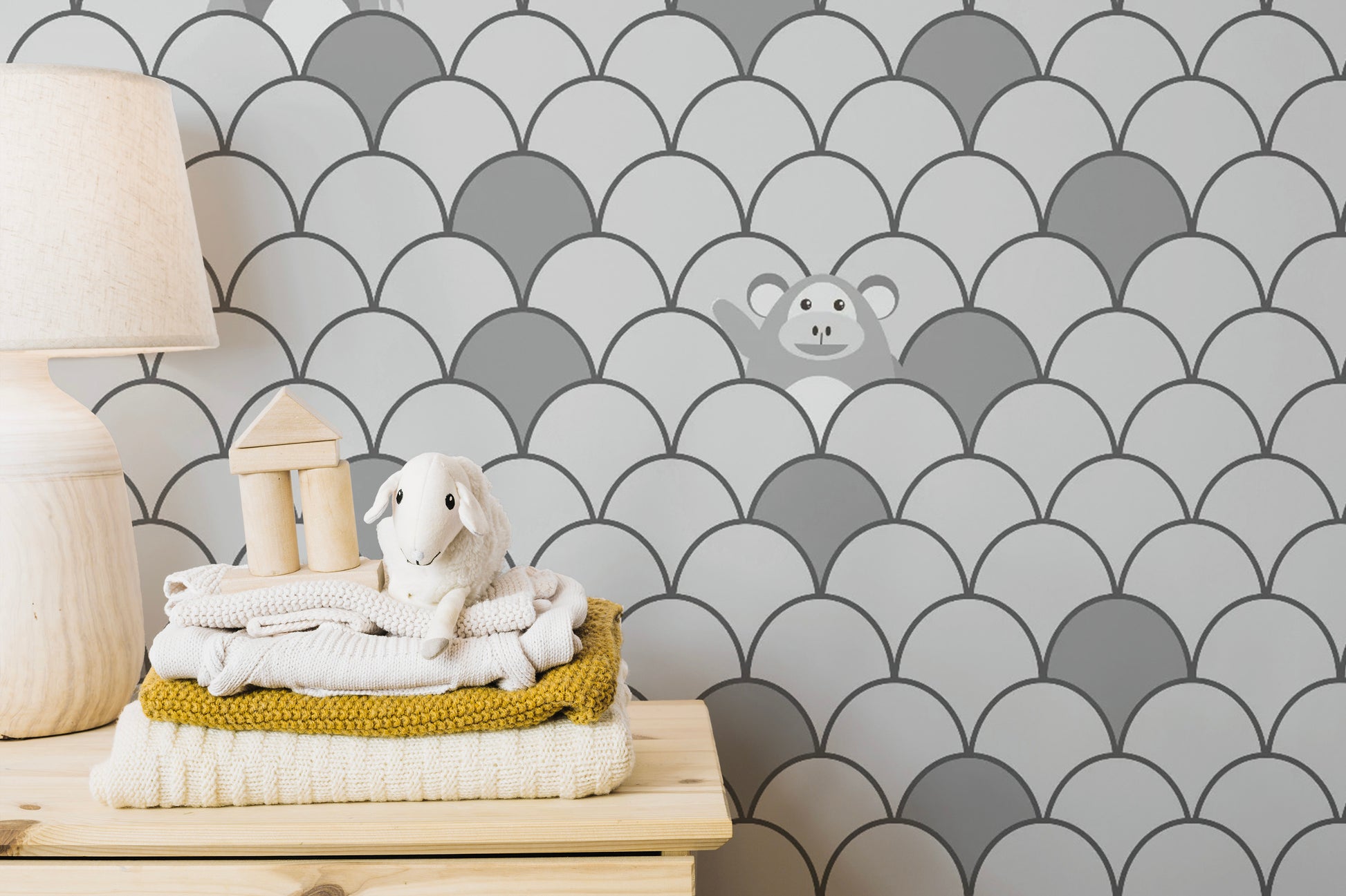 Kids animated motif design with Grey Color Wallpaper Mural
