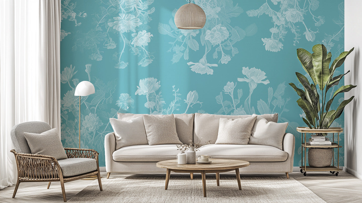 Brighten your bedroom with a soothing blue flowers wallpaper mural.