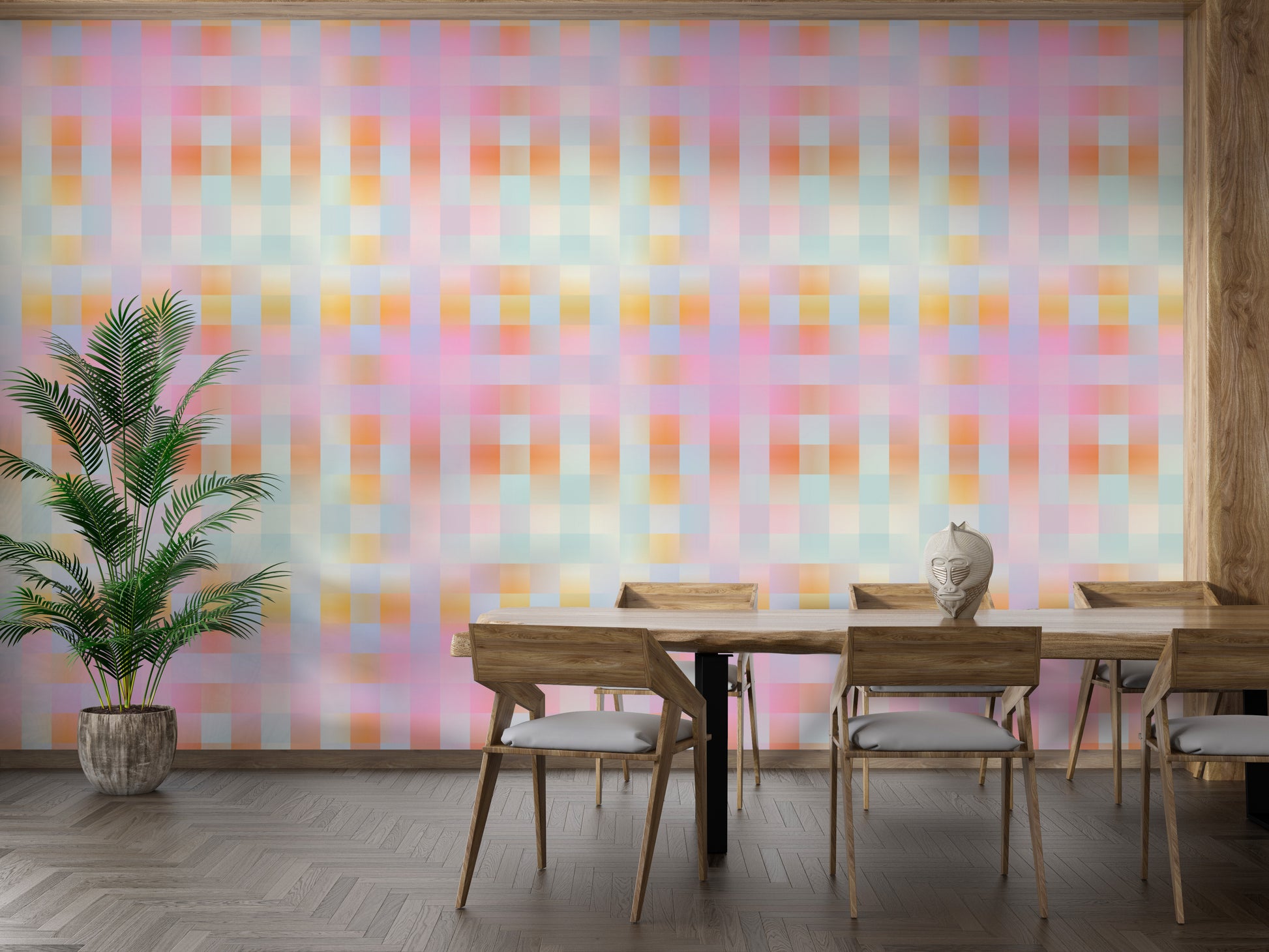 Blurred plaid wallpaper adds depth to any interior