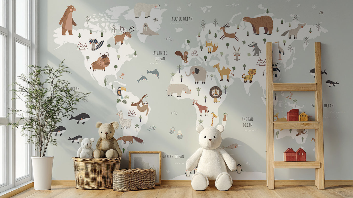 Kids wallpaper featuring playful animal world map
