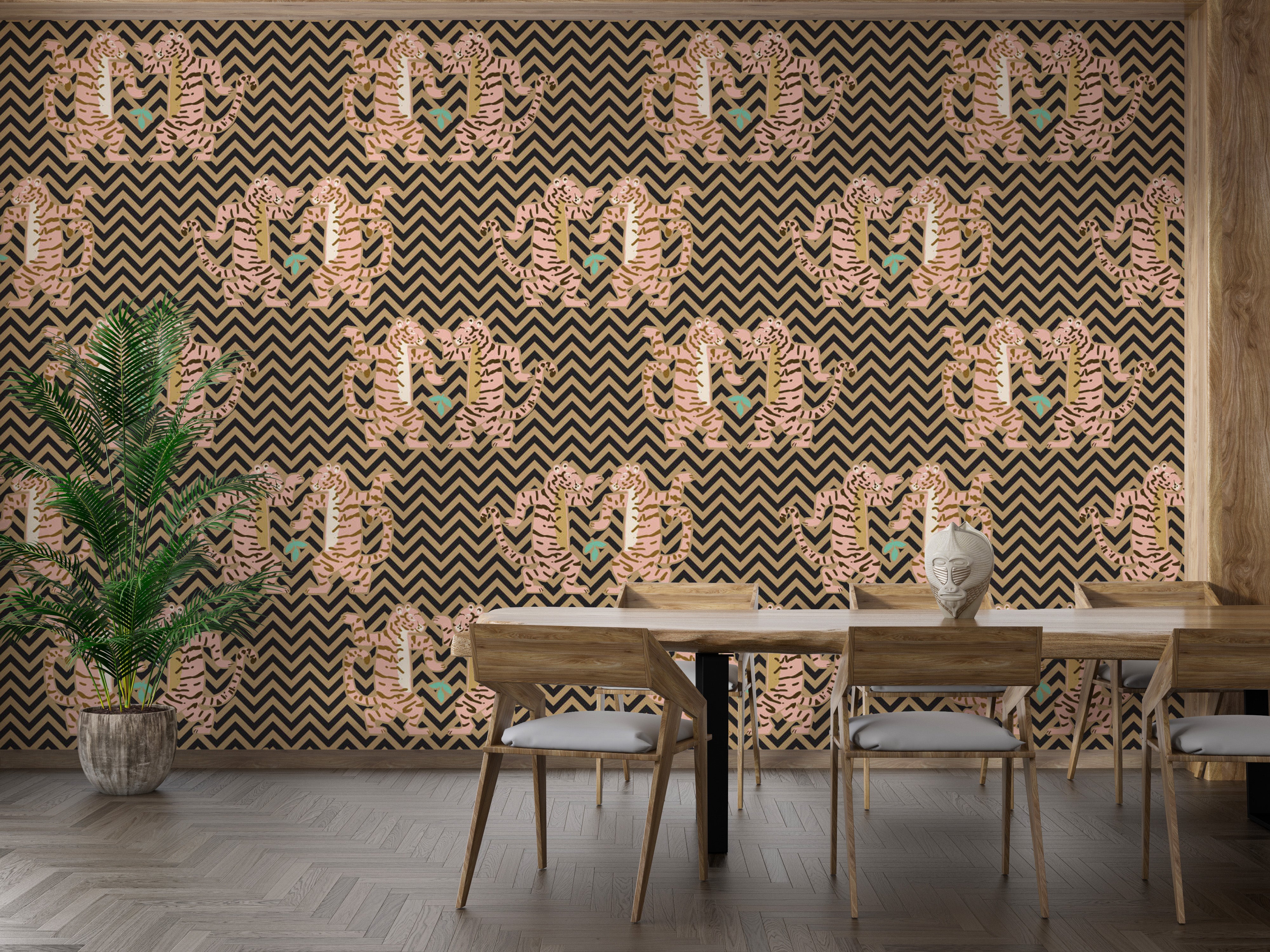 Tiger-themed zigzag wallpaper for bold interior decor.