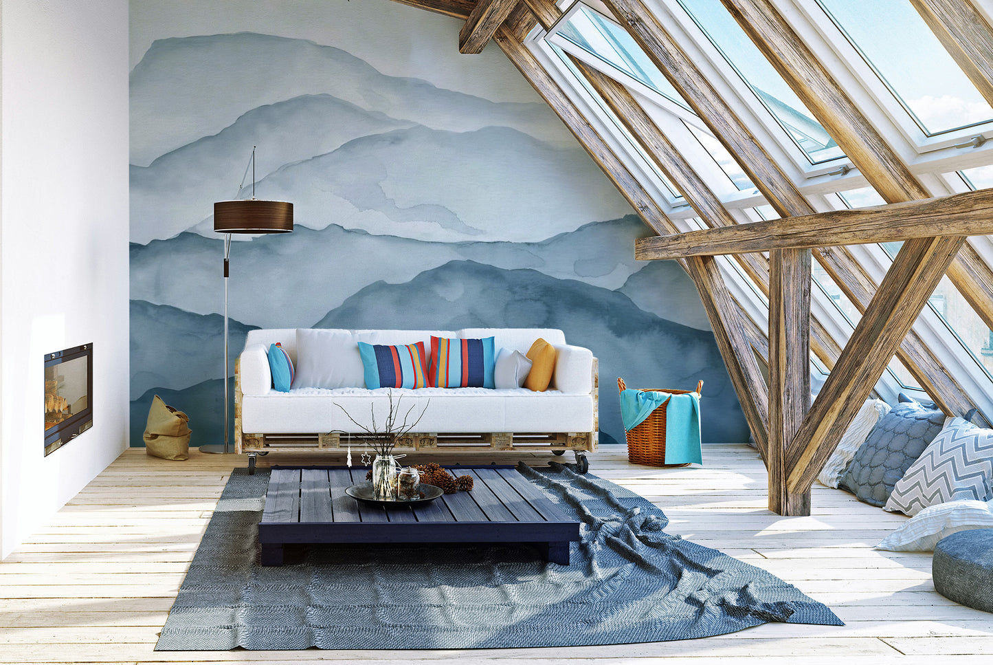 Blue Watercolour Mountain Mural