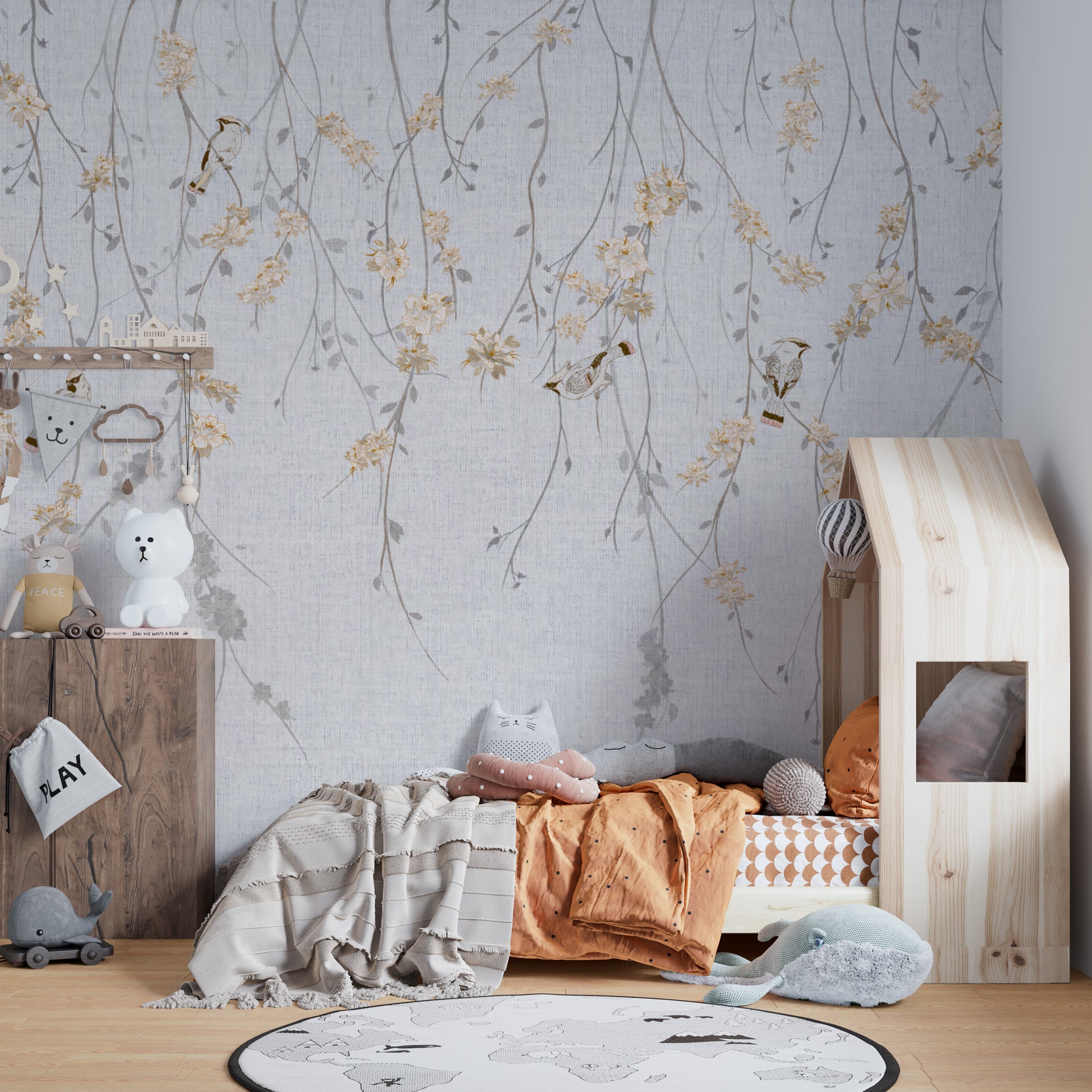 Neutral textured wallpaper with hanging floral branches
