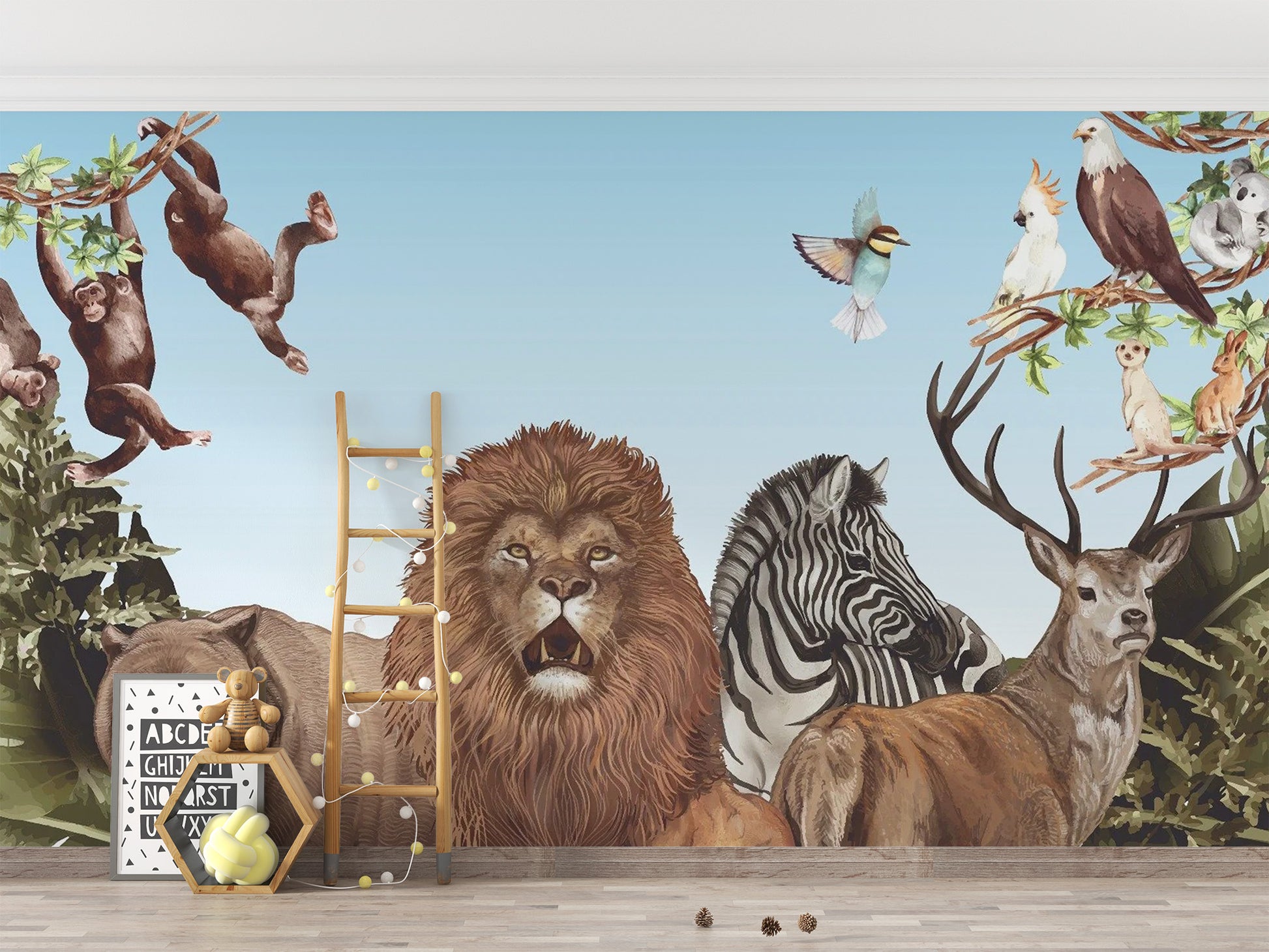 Jungle Safari Wallpaper Mural with wild animals design
