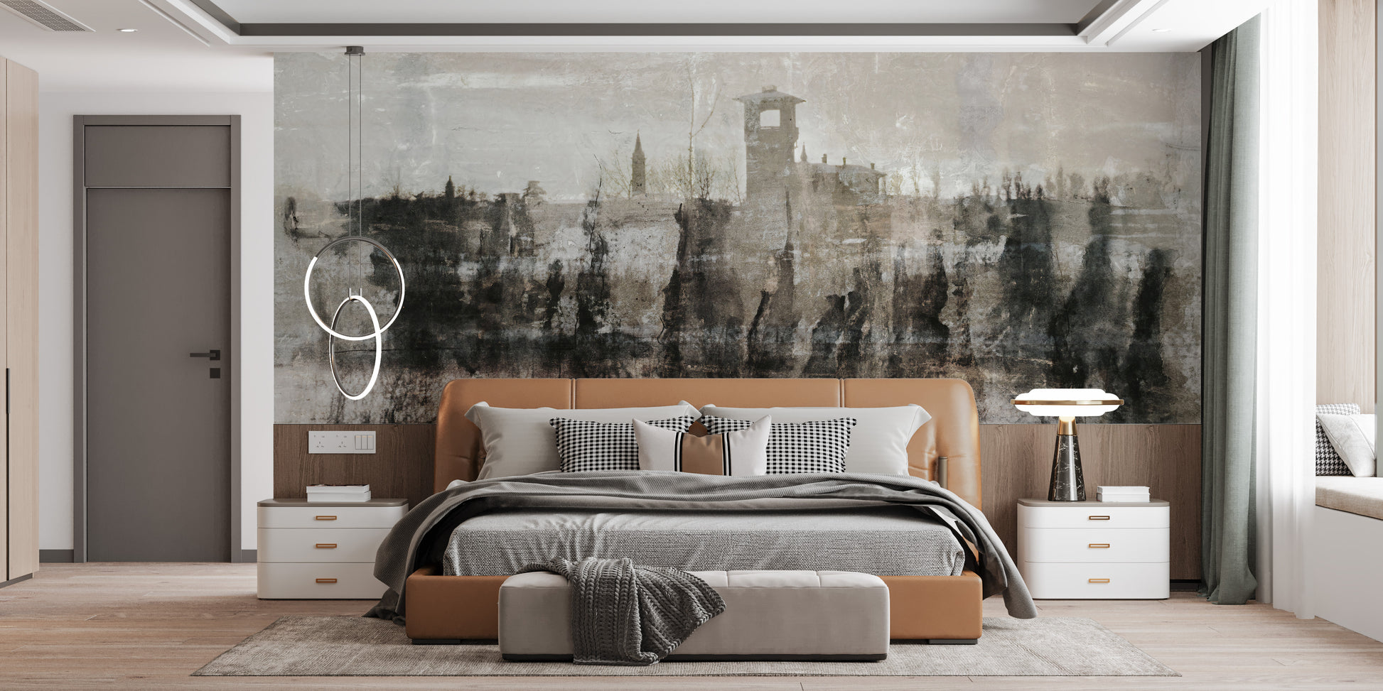 Artistic inked ruins wallpaper mural design