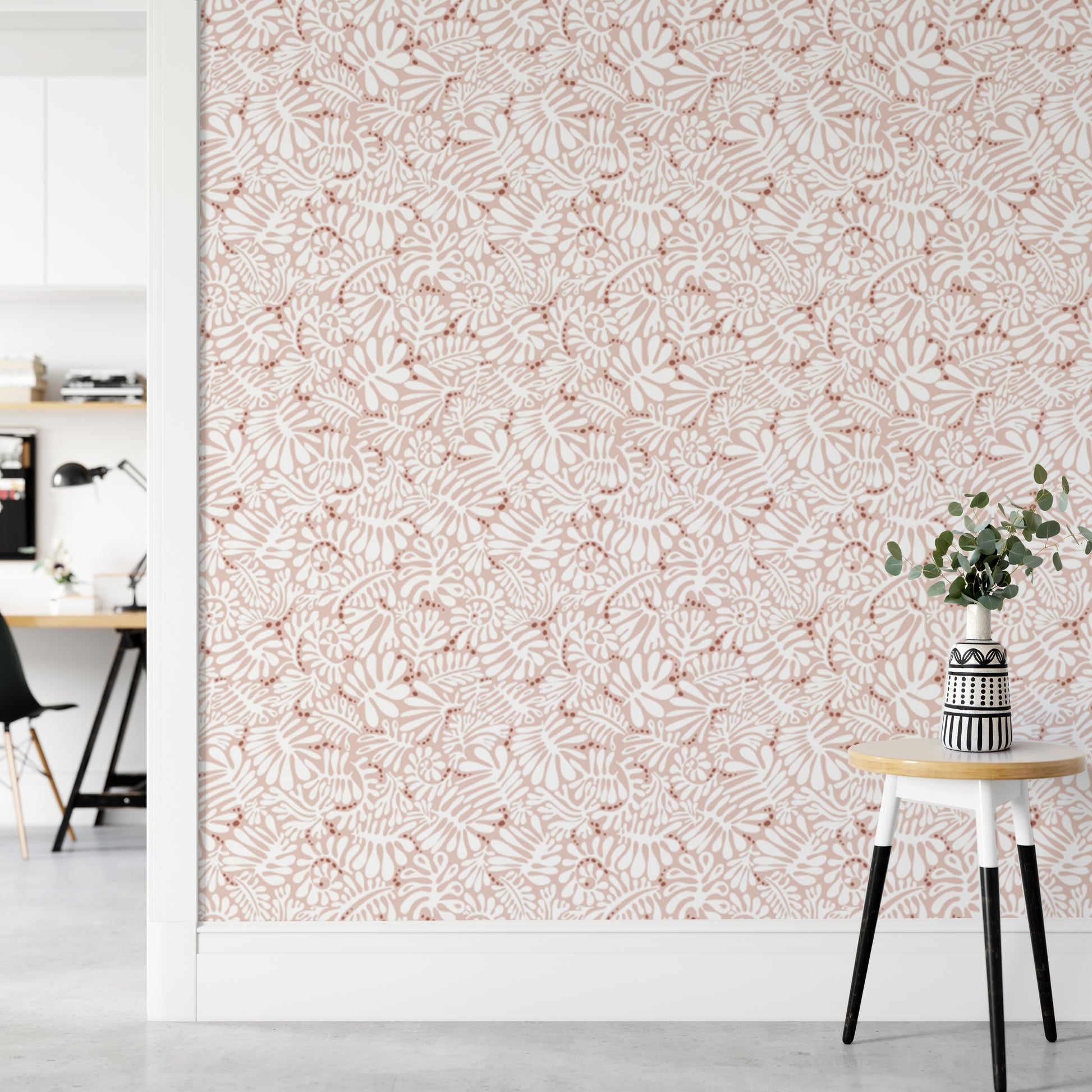 Whimsical blush botanical peel and stick wallpaper