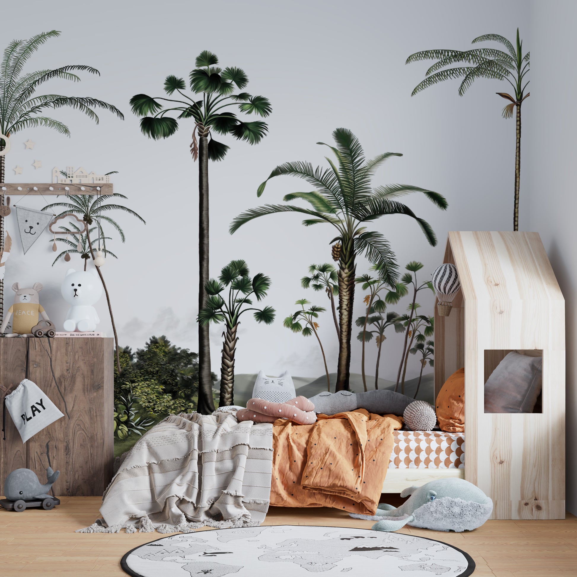 Serene tropical greenery mural for a nature-inspired space
