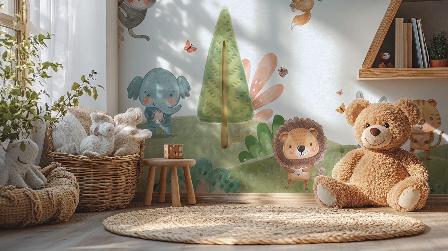 Jubilant jungle critters wallpaper with lively mural details.
