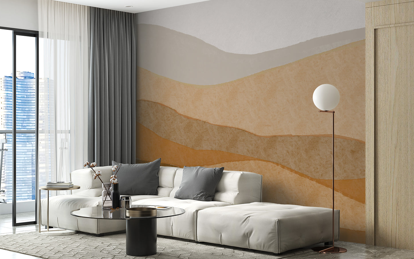 Serene abstract mural with sandy dune hues