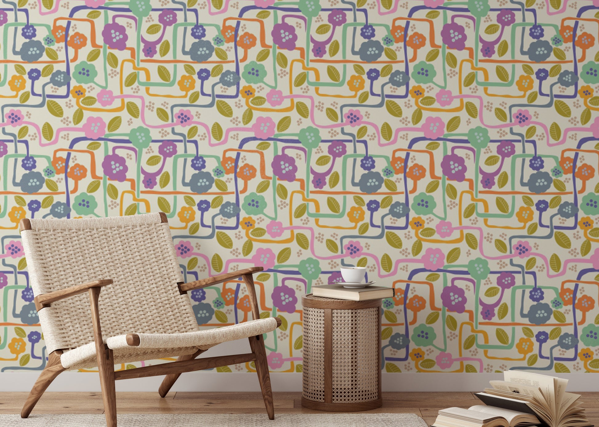 Delicate blooming tapestry wallpaper with whimsical floral charm.
