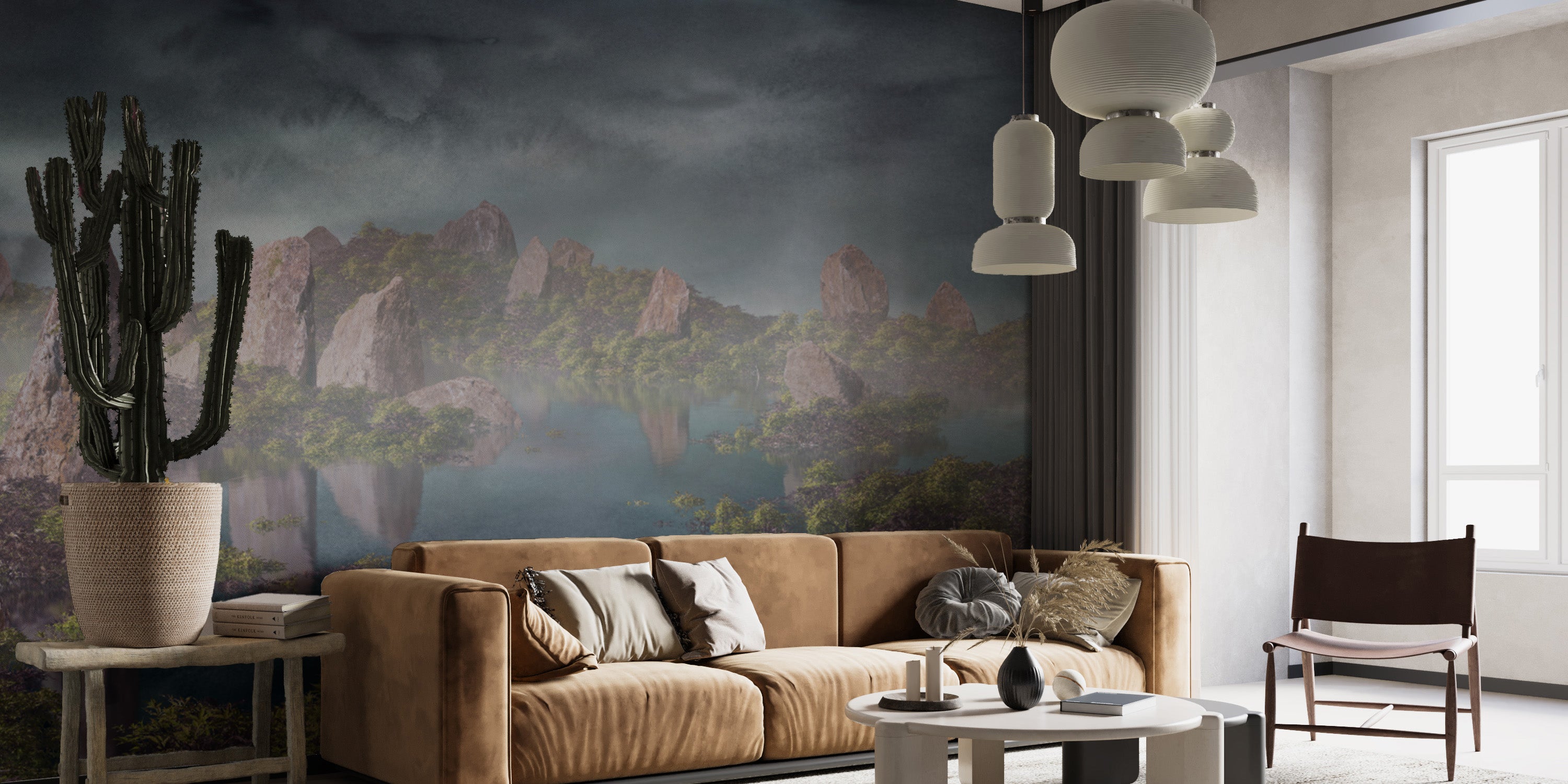 Dramatic Chinese landscape blue wallpaper for elegant interiors.