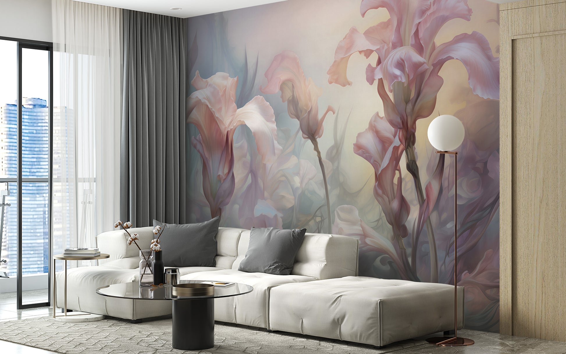 Soft iris pastel floral wallpaper mural for a sophisticated room design.